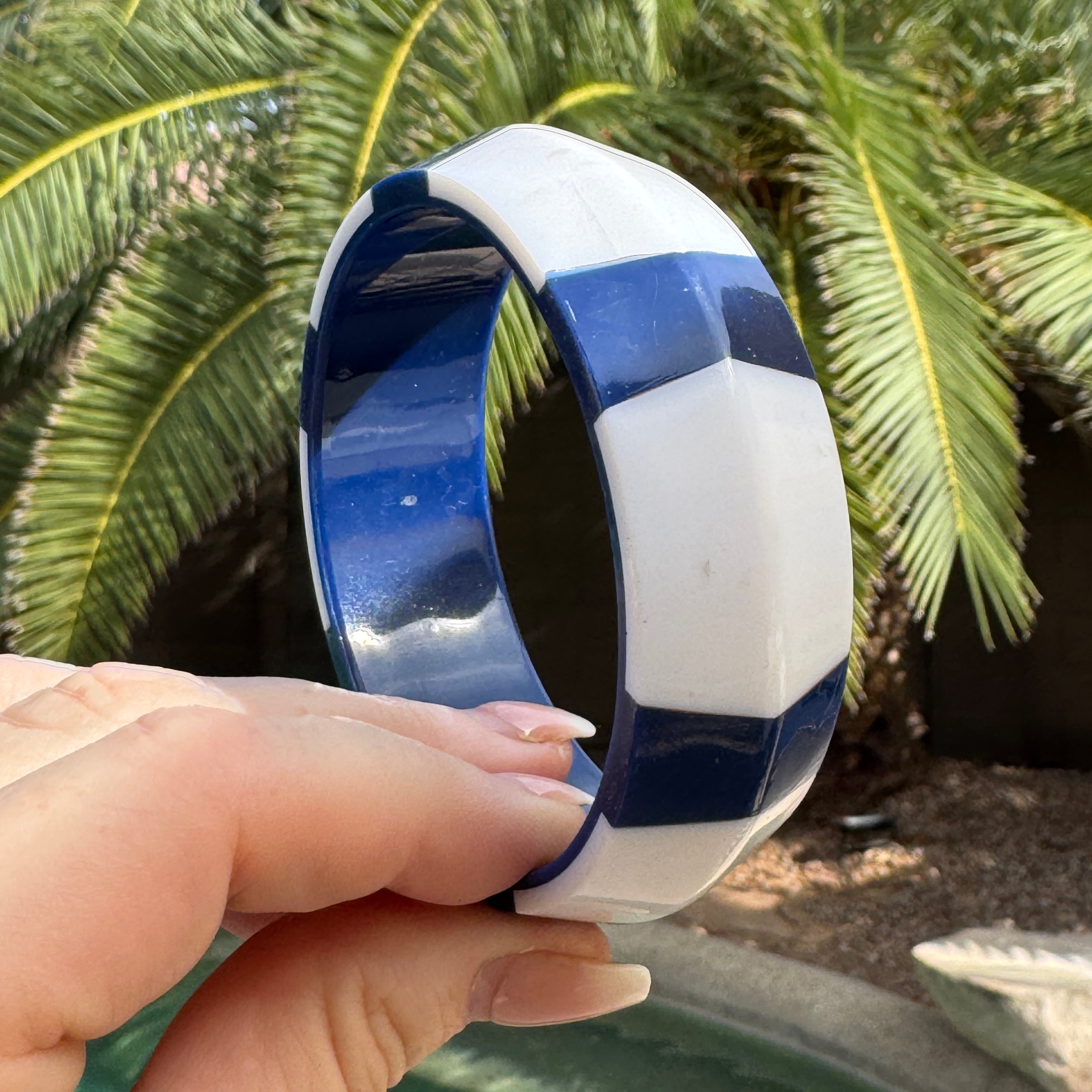 Blue & White Stripe Beveled Bangle Bracelet