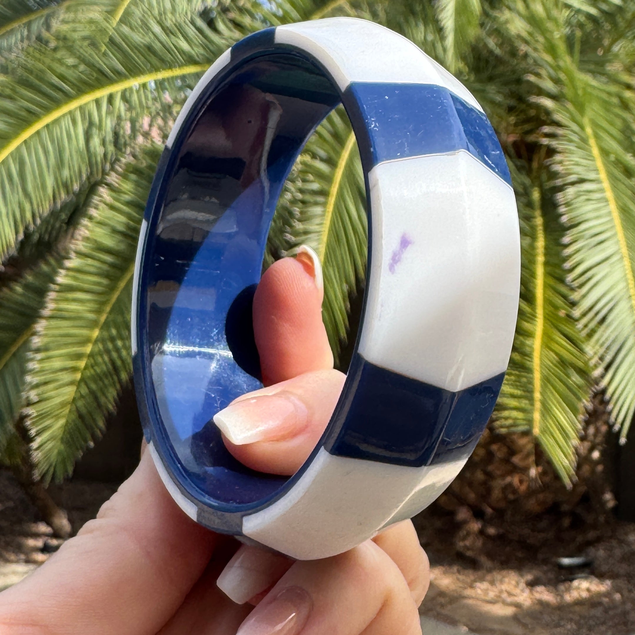 Blue & White Stripe Beveled Bangle Bracelet