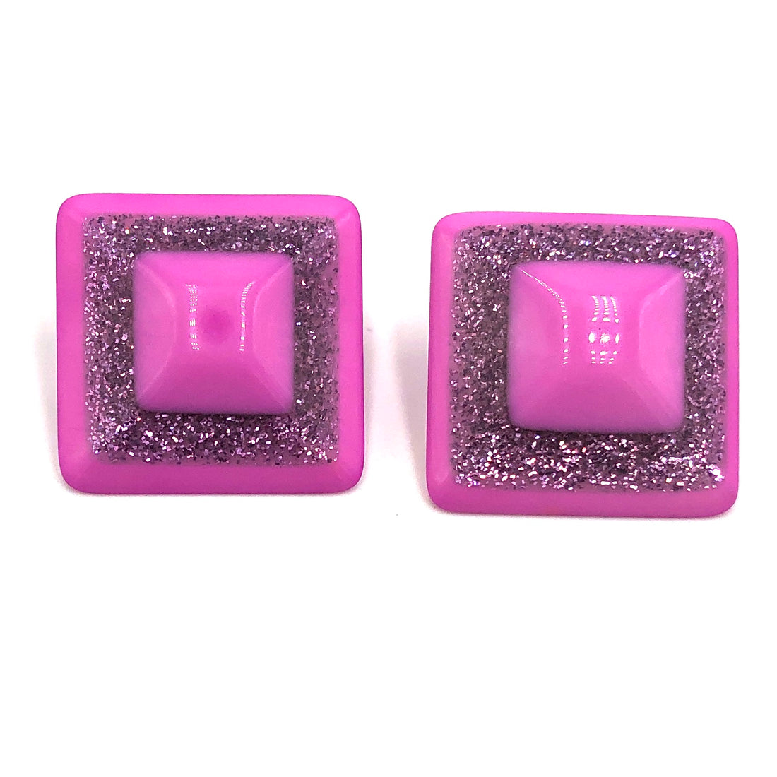 Hot Pink Sparkle Square Stud Earrings