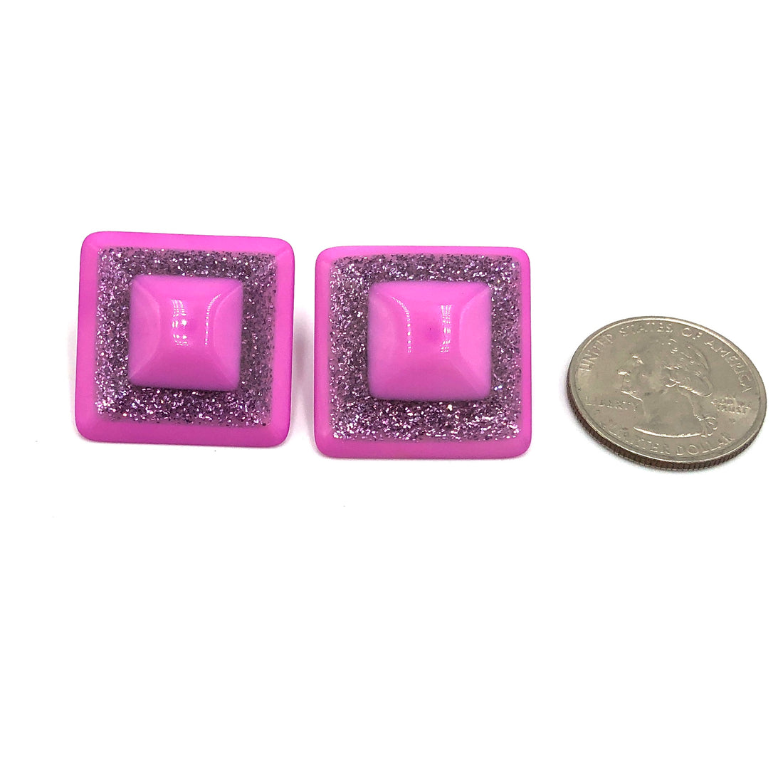 Hot Pink Sparkle Square Stud Earrings