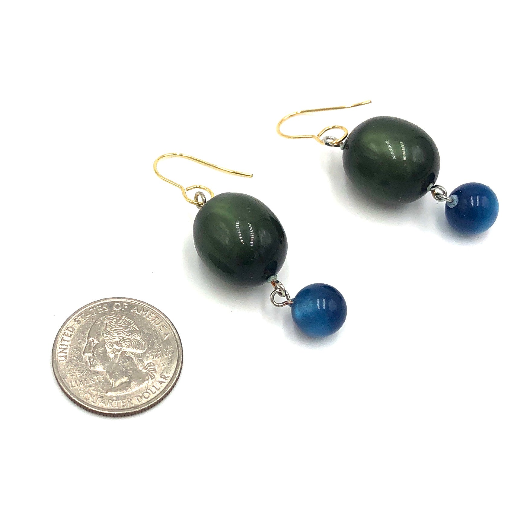 Dark Olive Green & Sapphire Blue Moonglow Statement Earrings