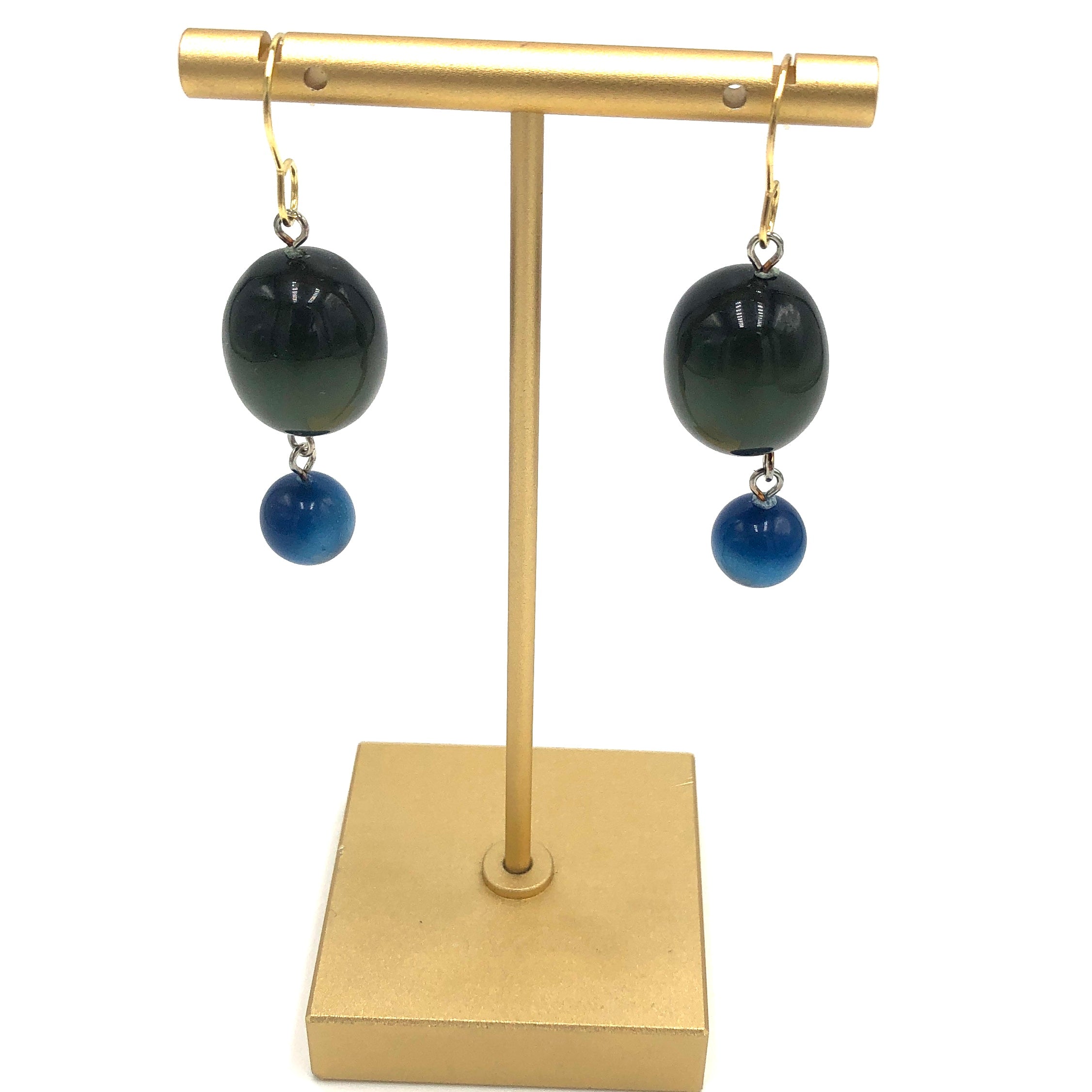 Dark Olive Green & Sapphire Blue Moonglow Statement Earrings