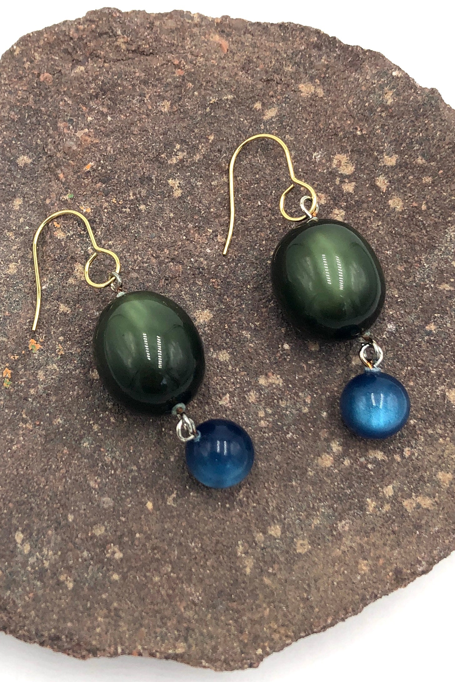 Dark Olive Green & Sapphire Blue Moonglow Statement Earrings