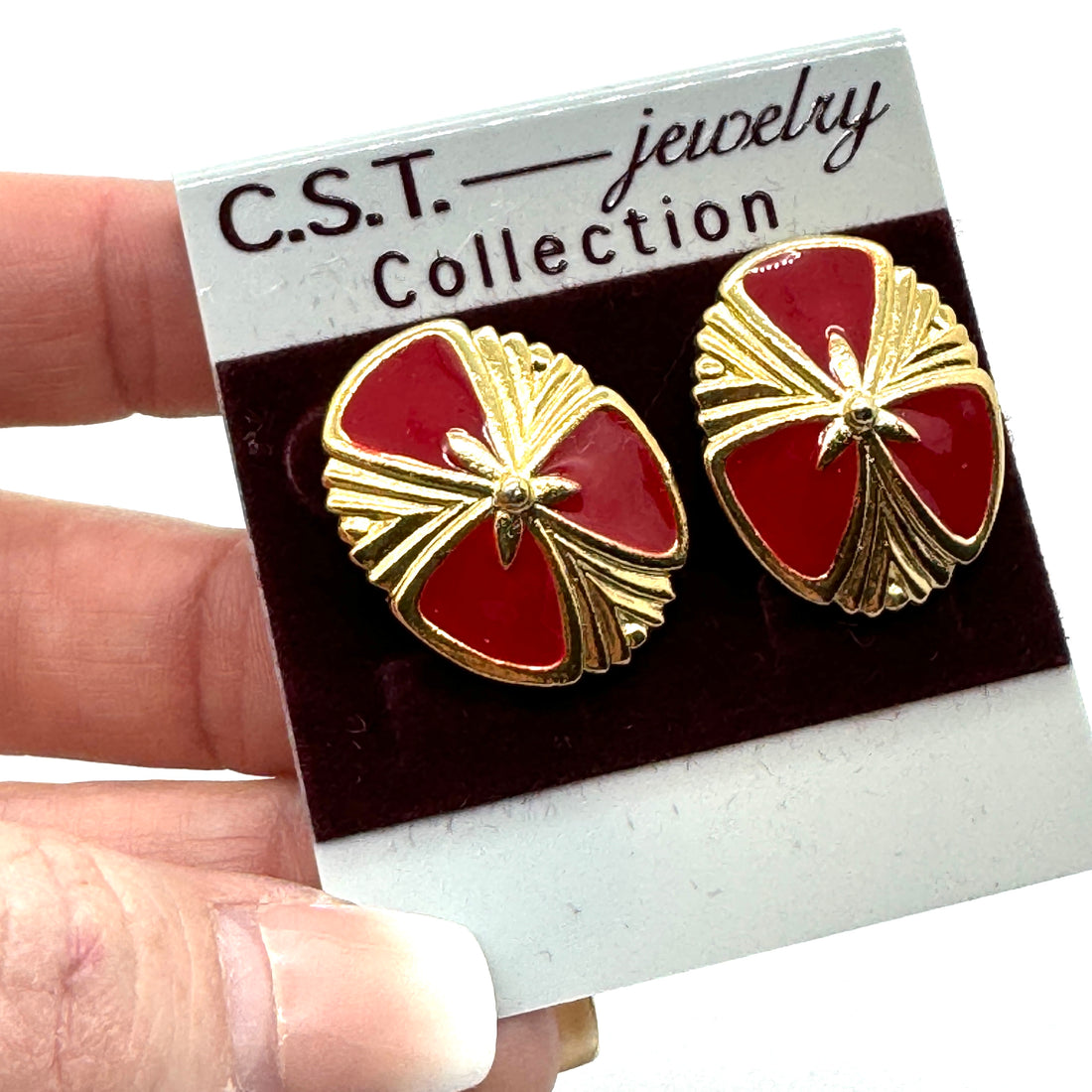 Red &amp; Gold Shield Stud Earrings - Kooky Deadstock Earrings *Final Sale