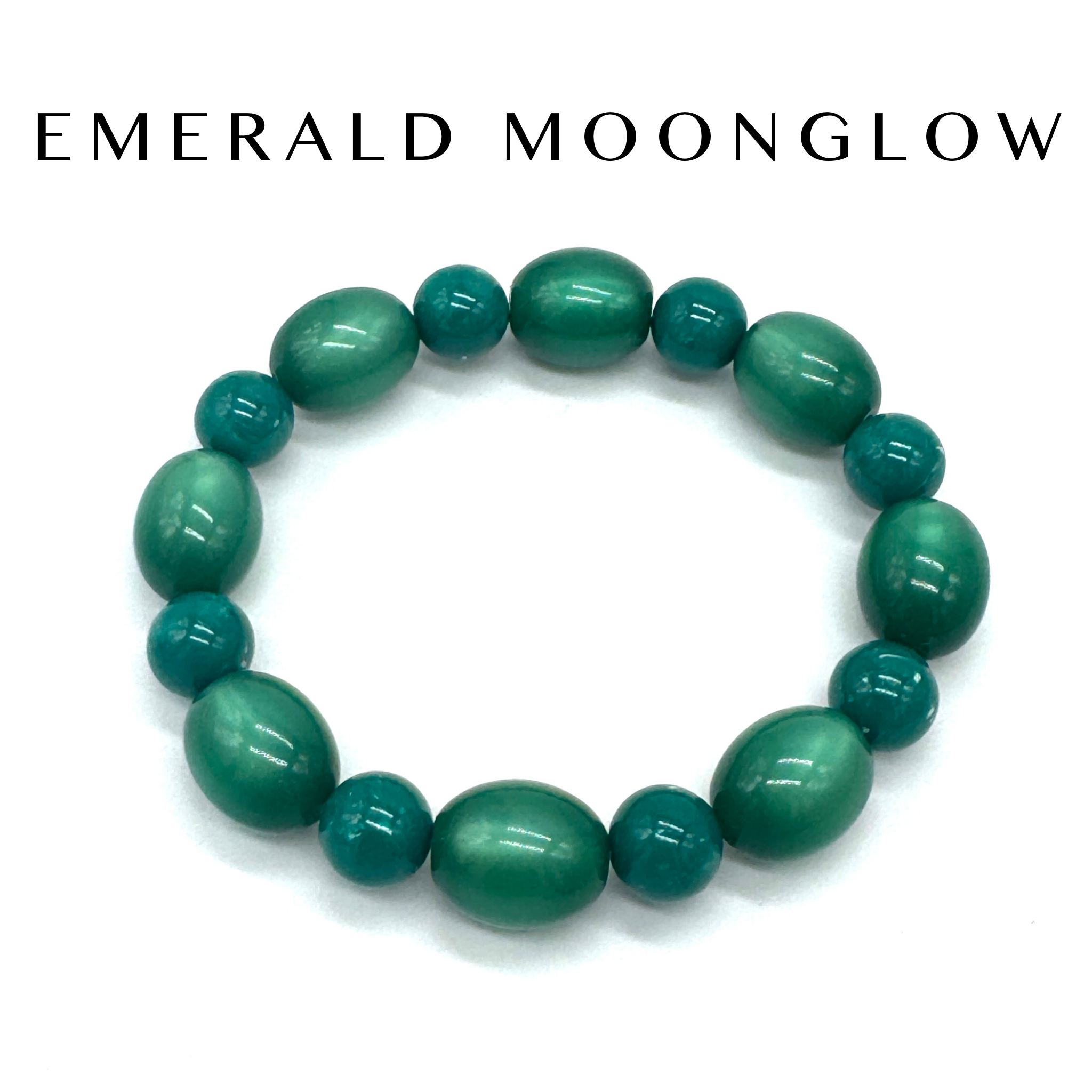 Green beaded bracelet on a white background with &