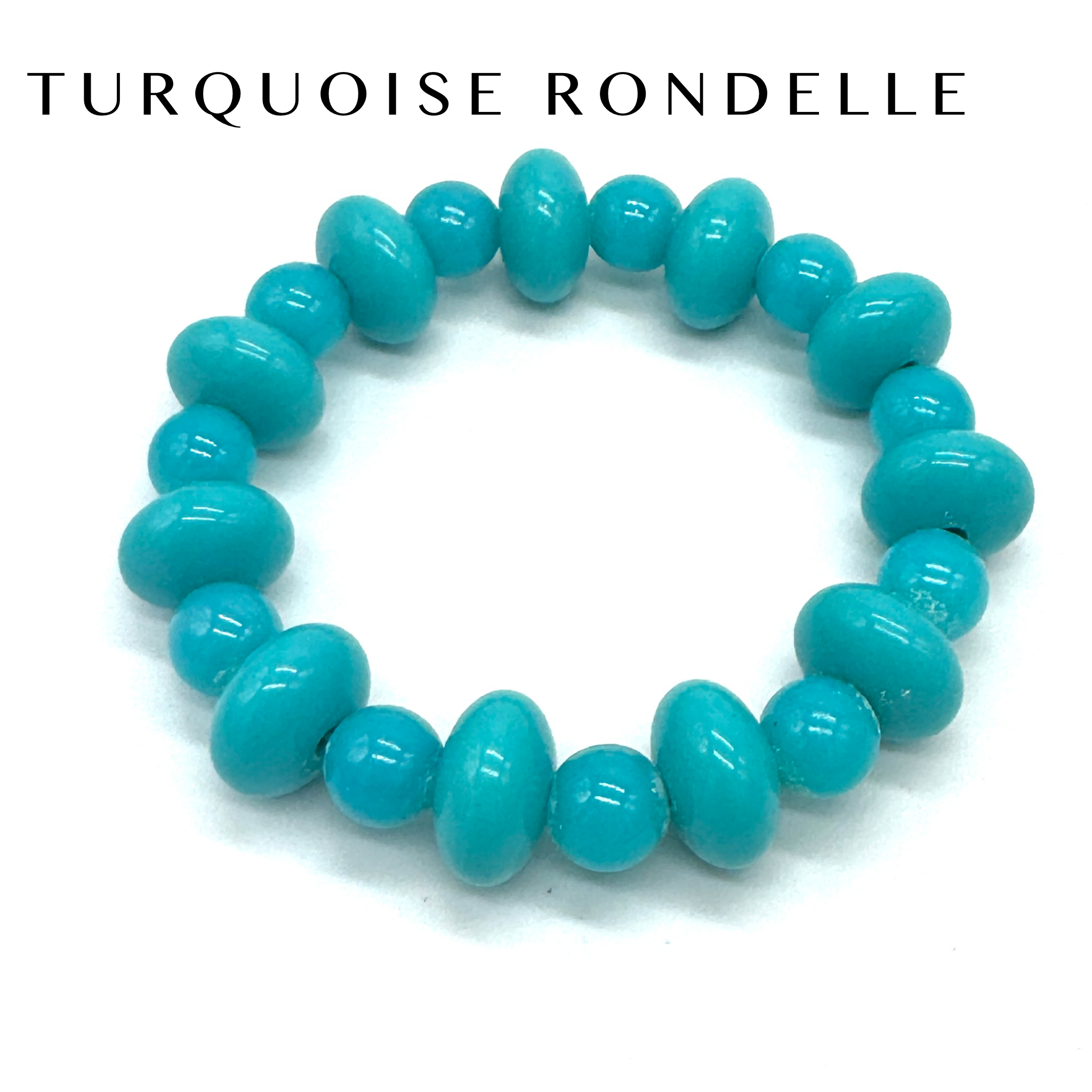 Turquoise beaded bracelet on a white background with &