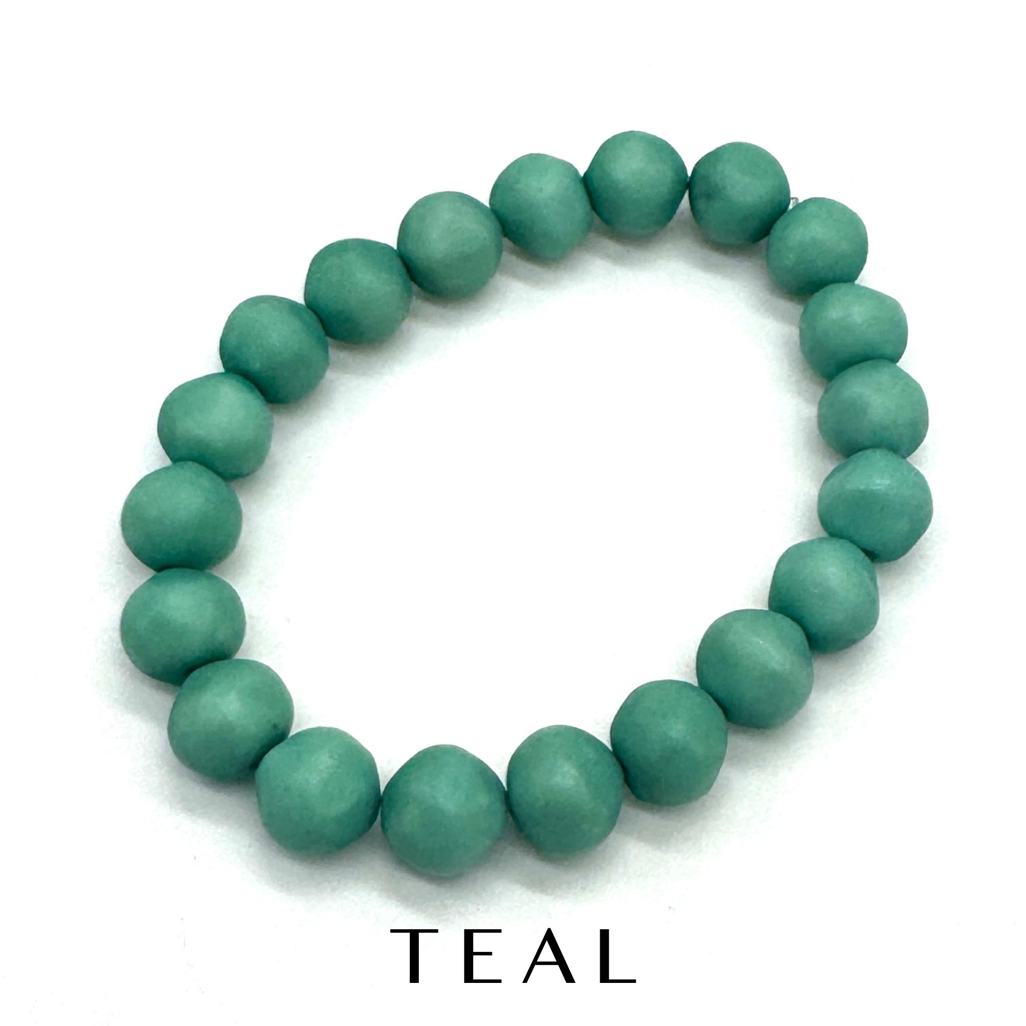 Single lucite beaded bracelet in teal on a white background