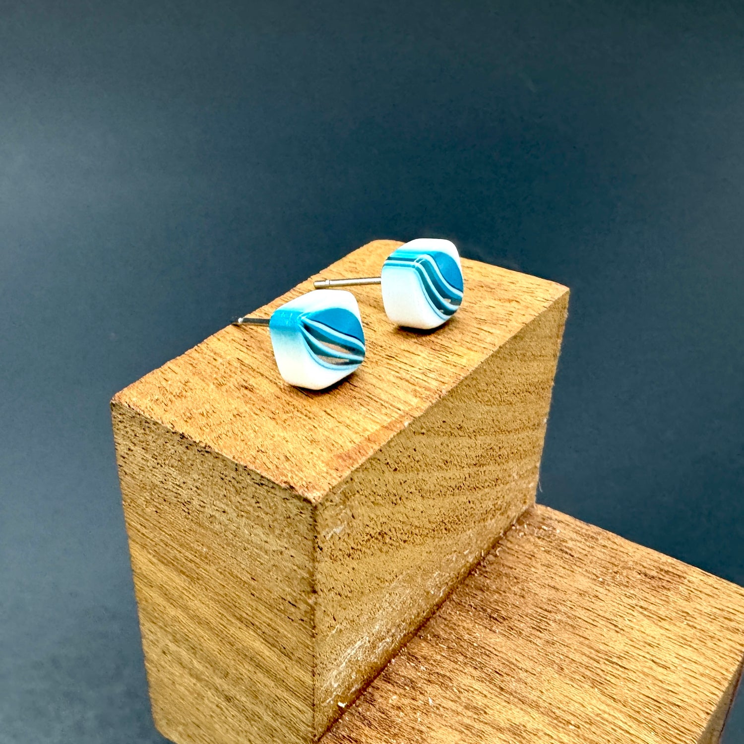 aqua stripe stud earrings made with vintage lucite 