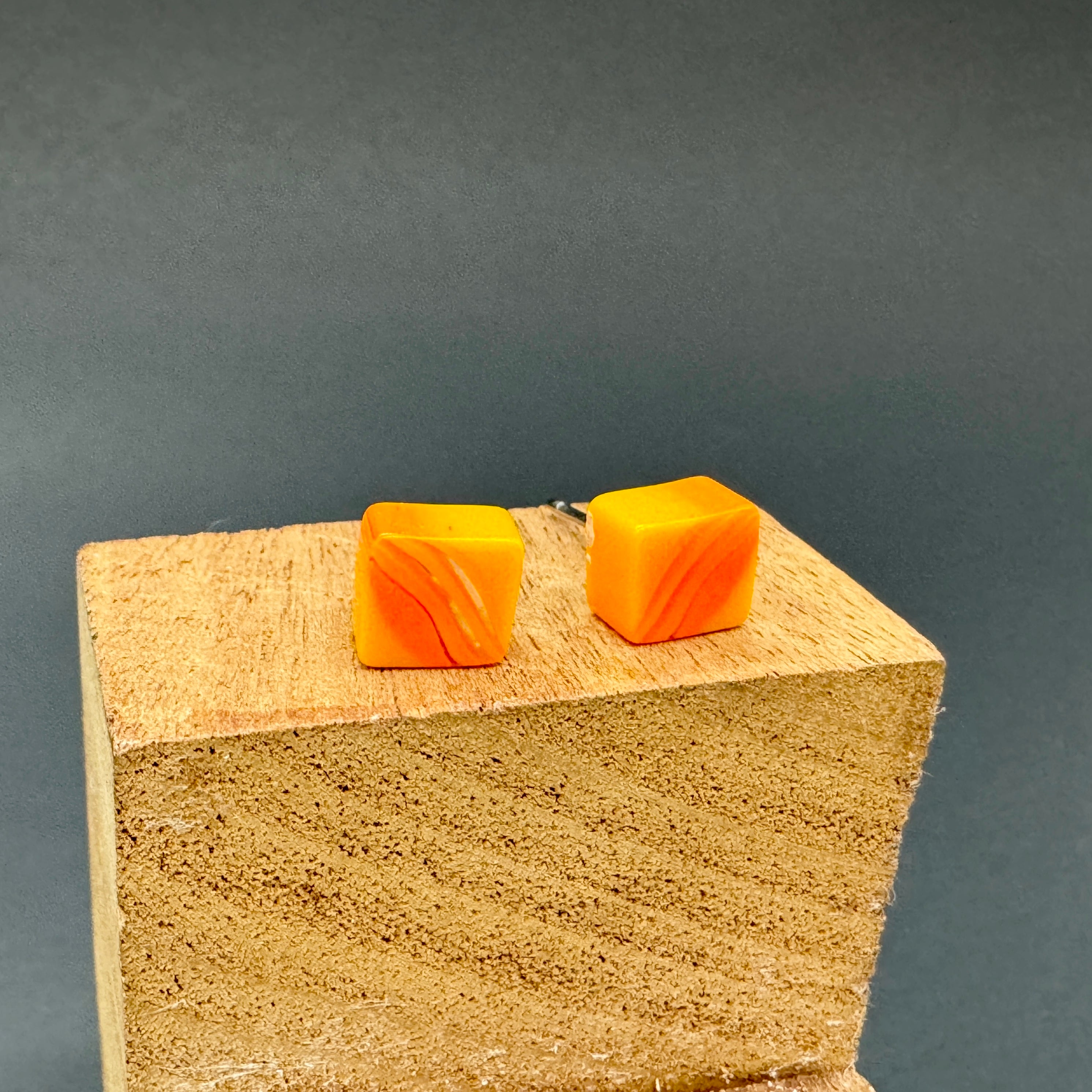 bright orange stripe square stud earrings
