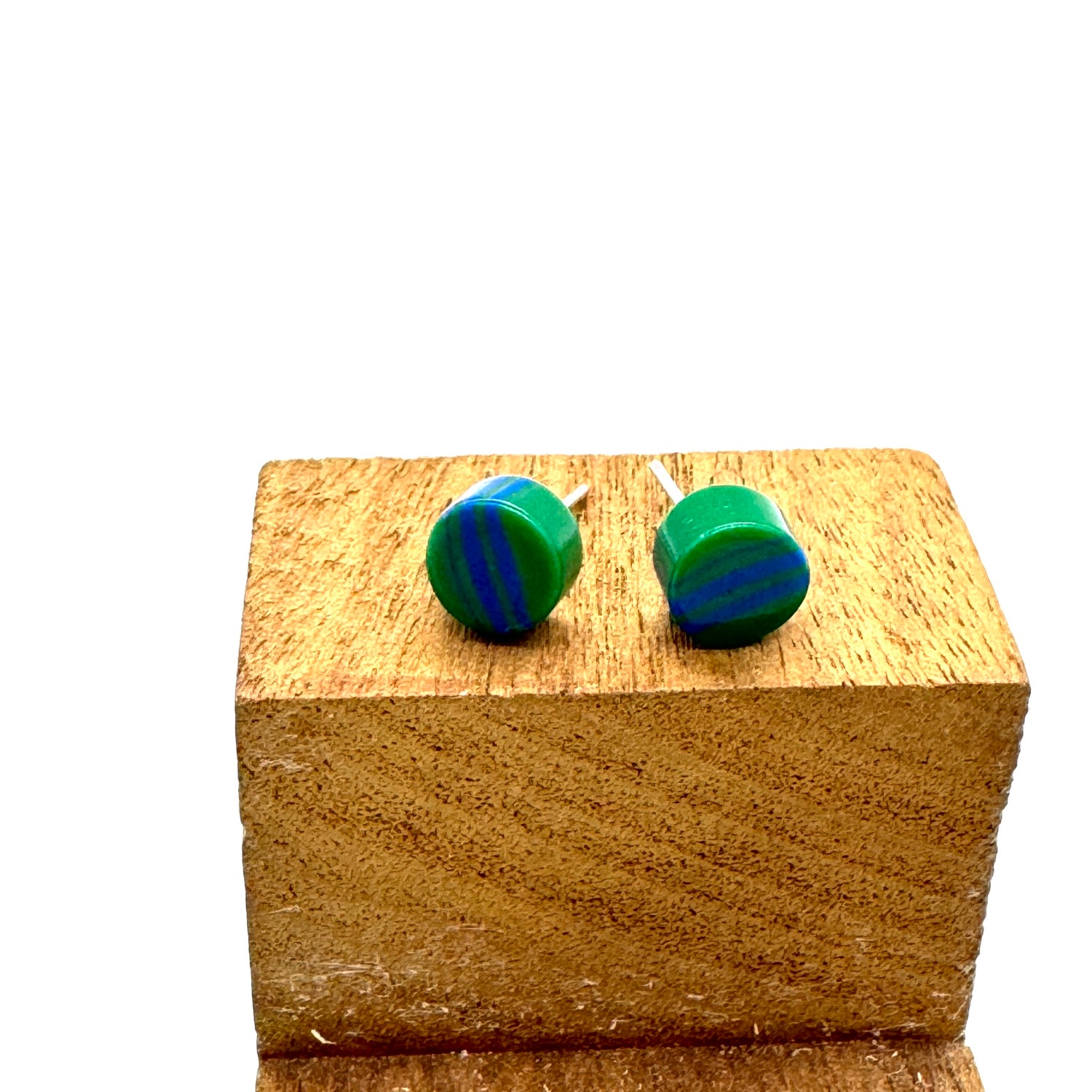 Green &amp; Blue Stripe Cane Slice Stud Earrings