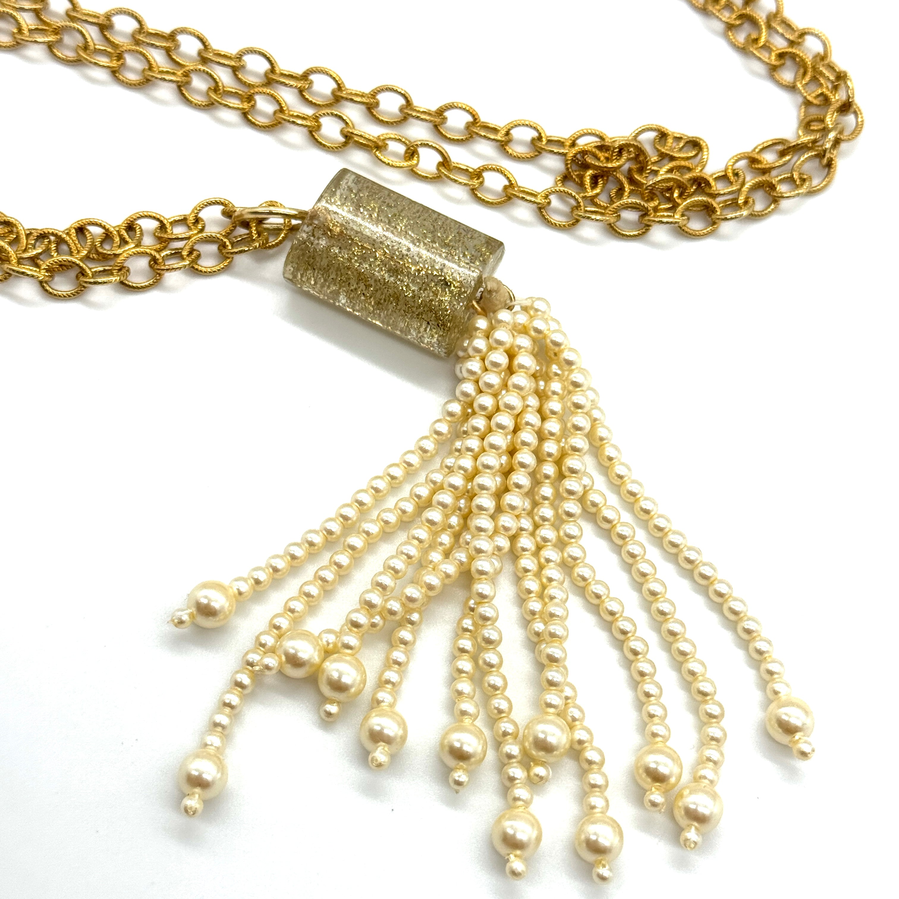Golden Glitter Pearl Tassel Necklace
