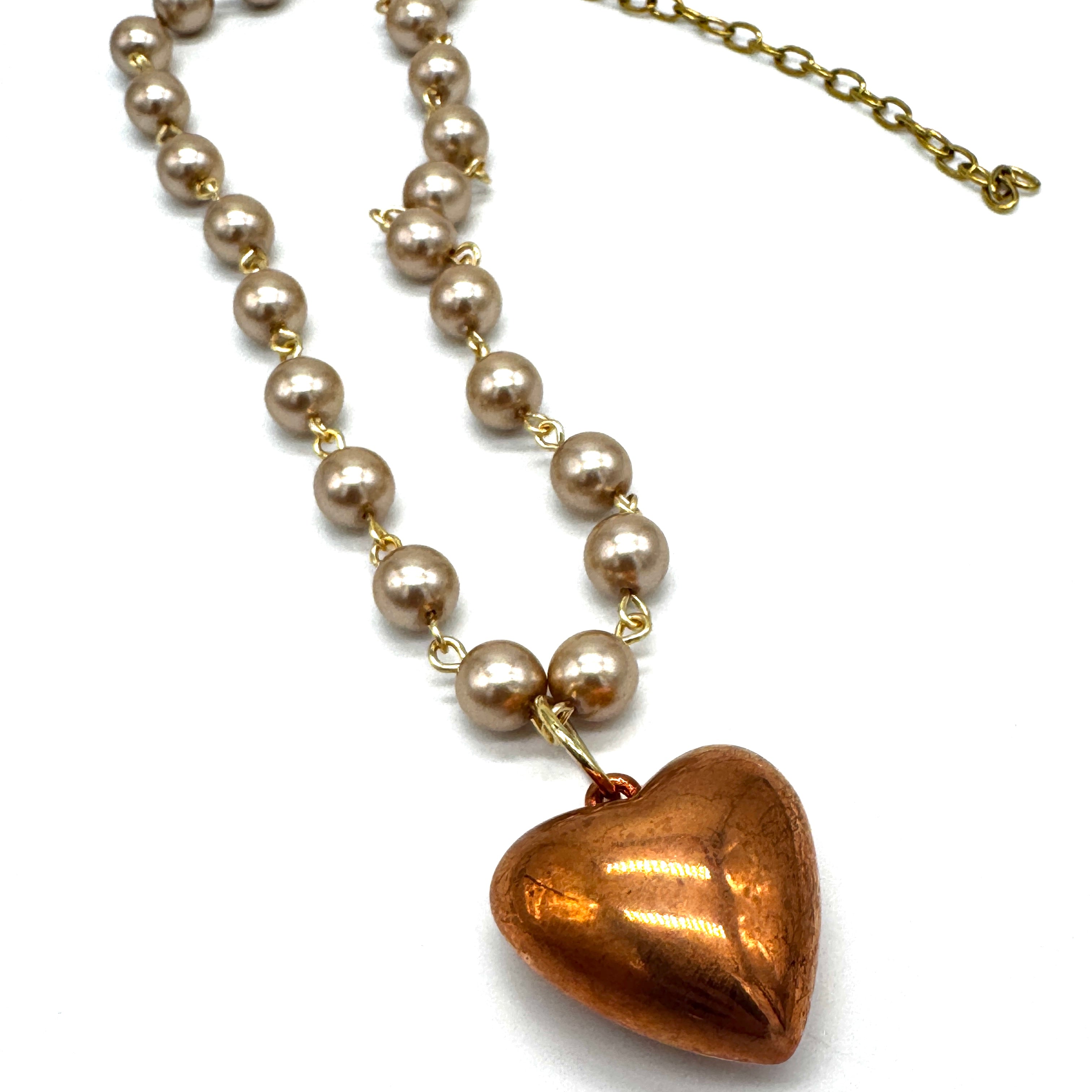 Light Champagne Glass Pearls & Copper Heart Necklace