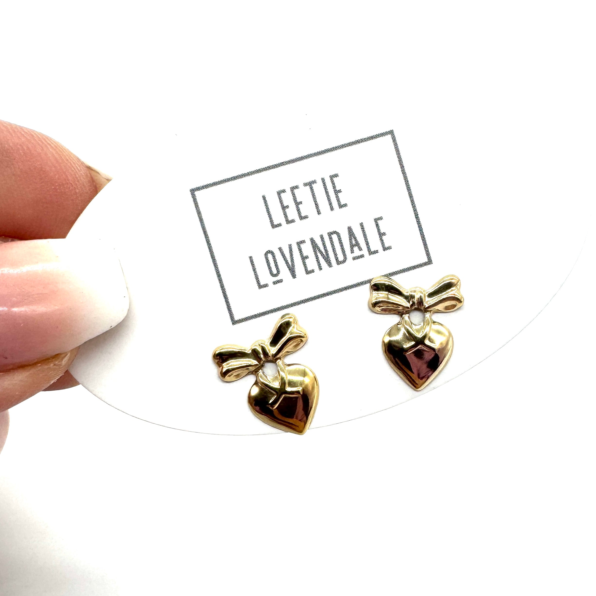 Heart with Bow Deadstock Gold Stud Earrings