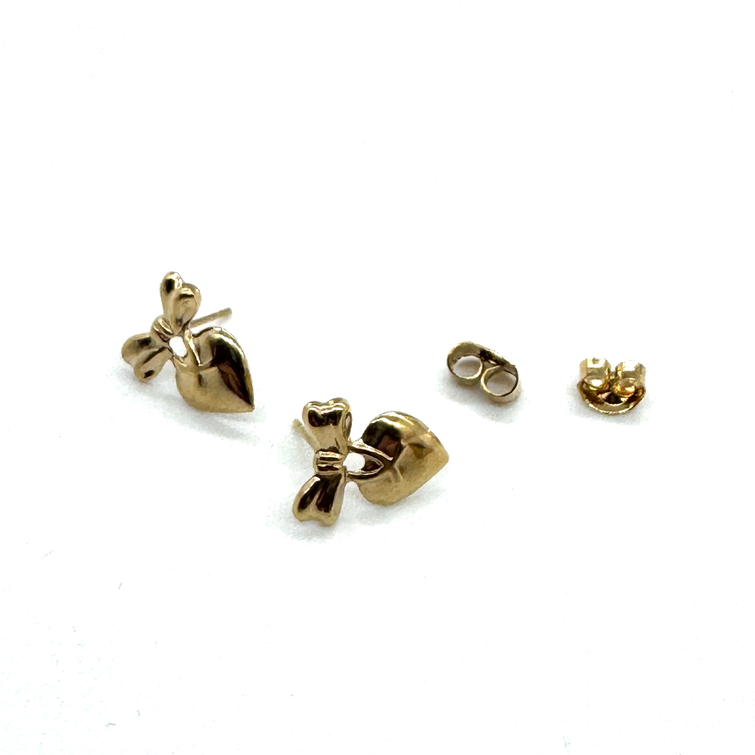 Heart with Bow Deadstock Gold Stud Earrings