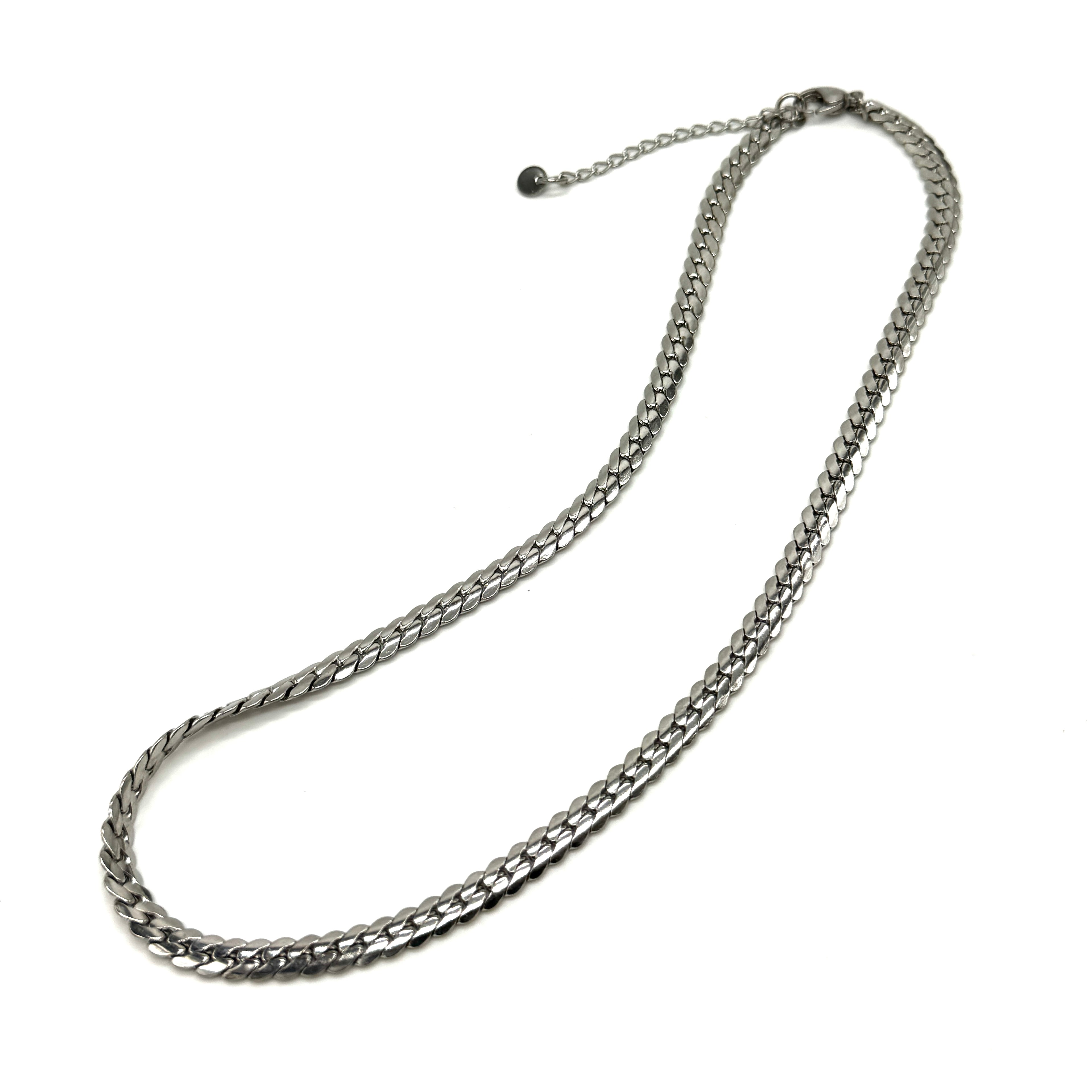 Adjustable silver snake chain necklace on a white background.