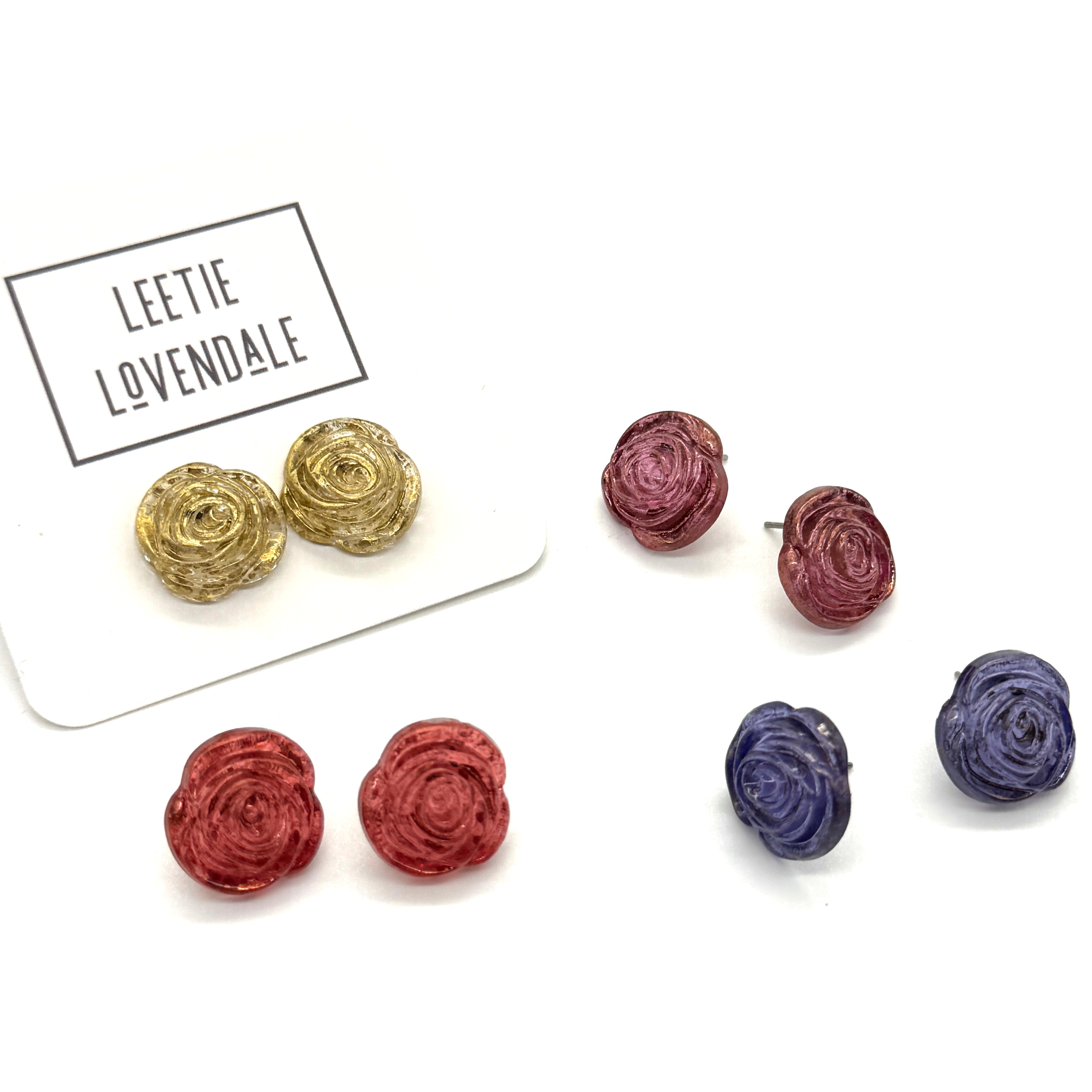 Mercury Lucite Carved Floral Rose Stud Earrings