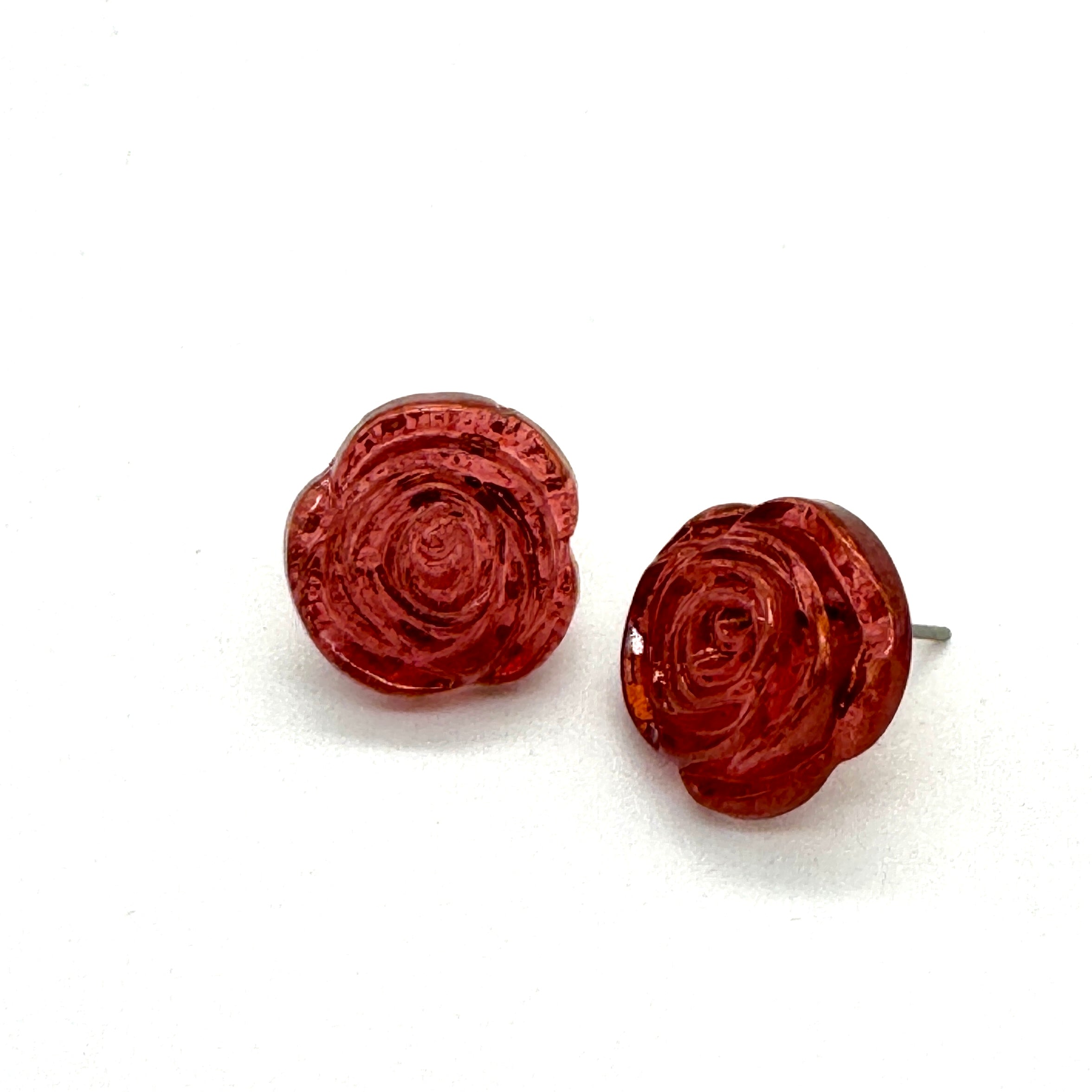 Mercury Lucite Carved Floral Rose Stud Earrings