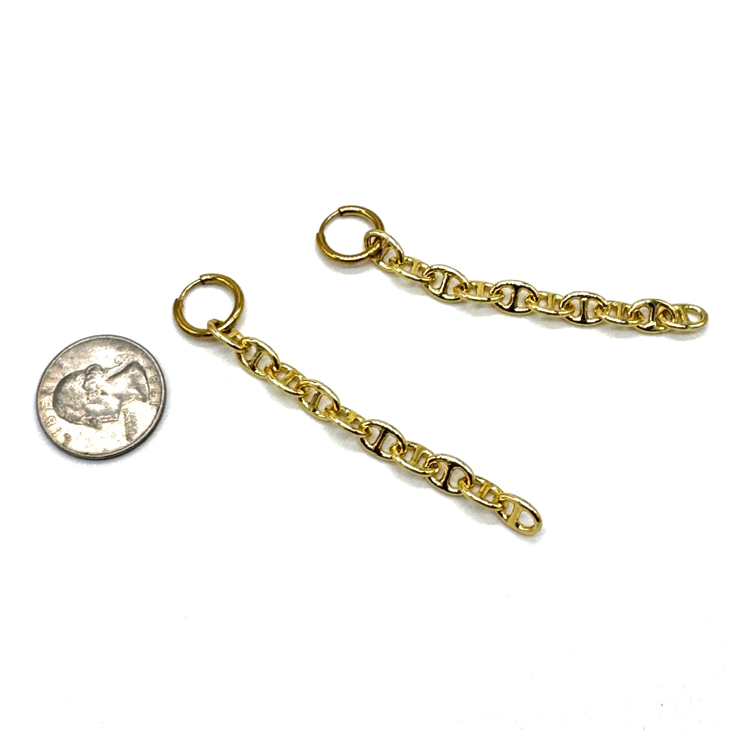Gold chain earrings with hoops, shown next to a US quarter for scale on a white background.