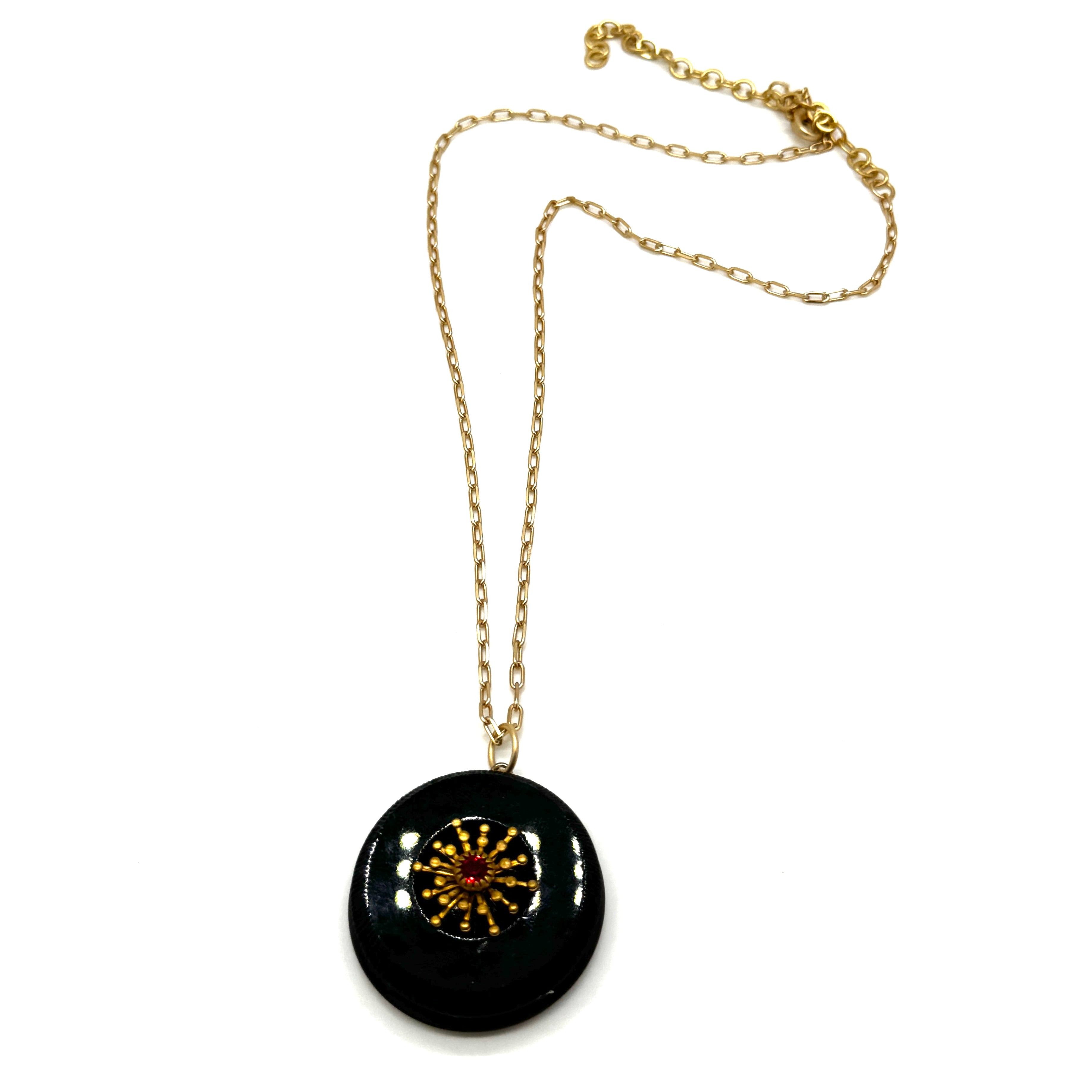 Starburst Hot Pink Bling Black Vintage Button Vault Necklace - 18"