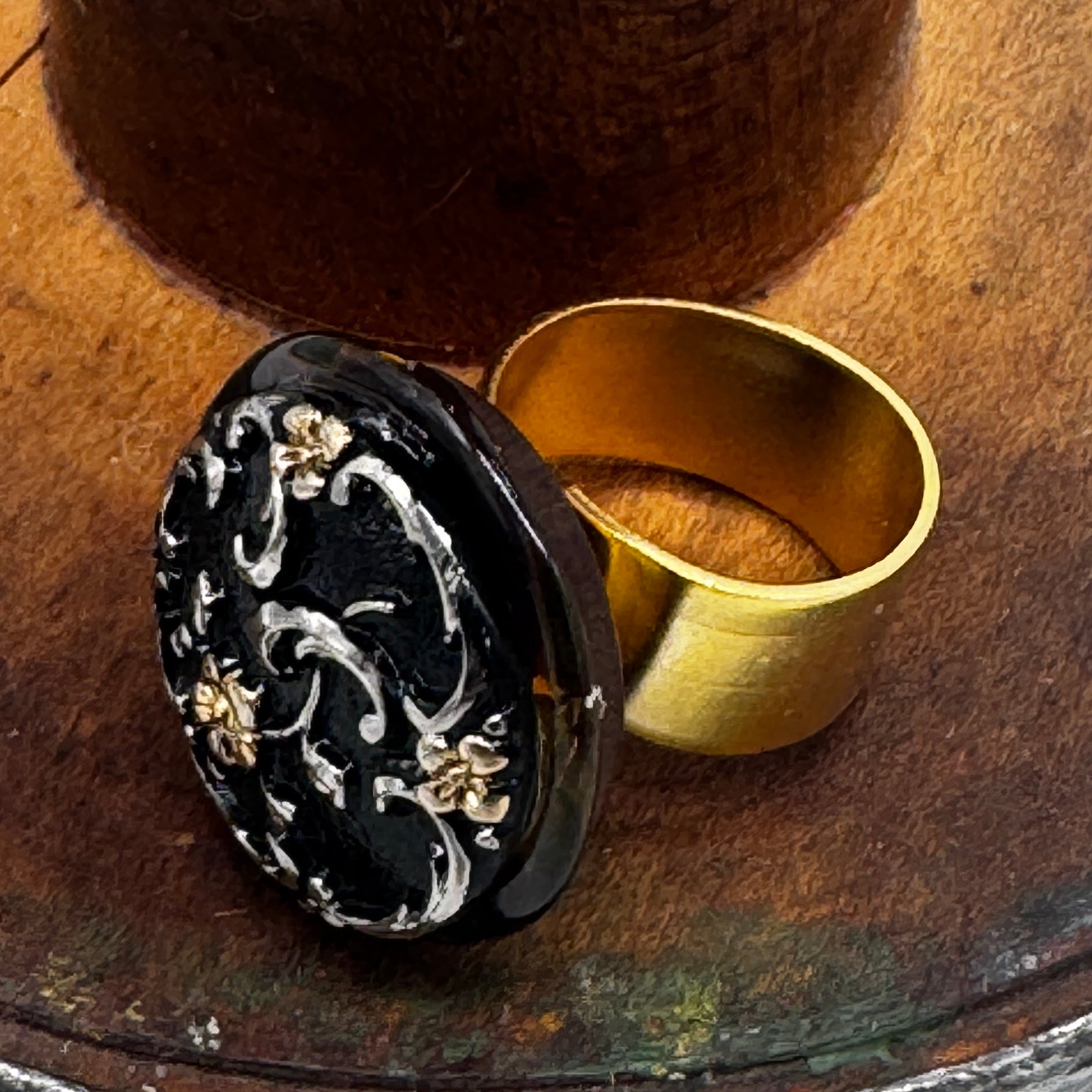 Black, Silver, and Gold Filigree Vintage Button Vault Cocktail Ring