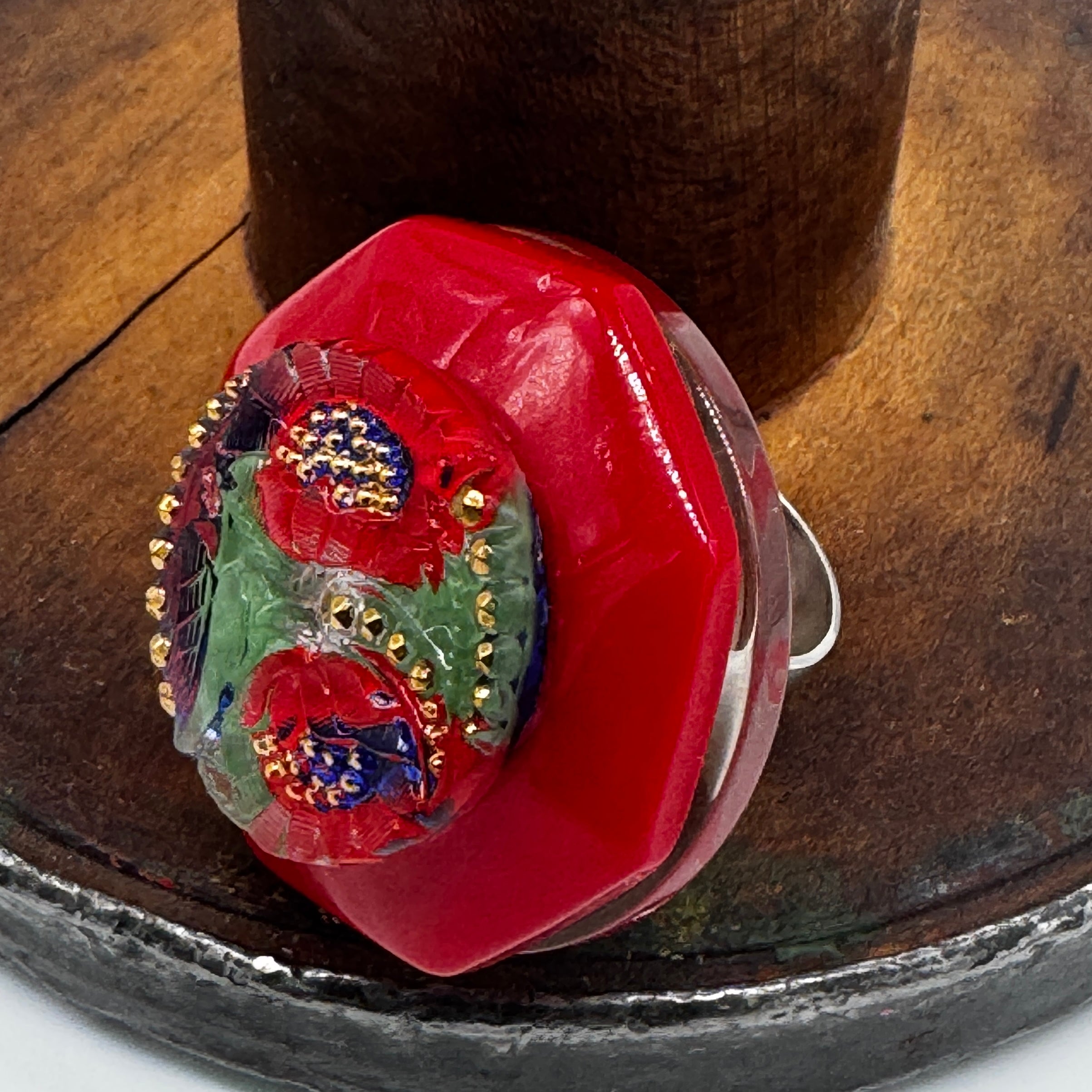 Poppies on Red Vintage Button Vault Cocktail Ring