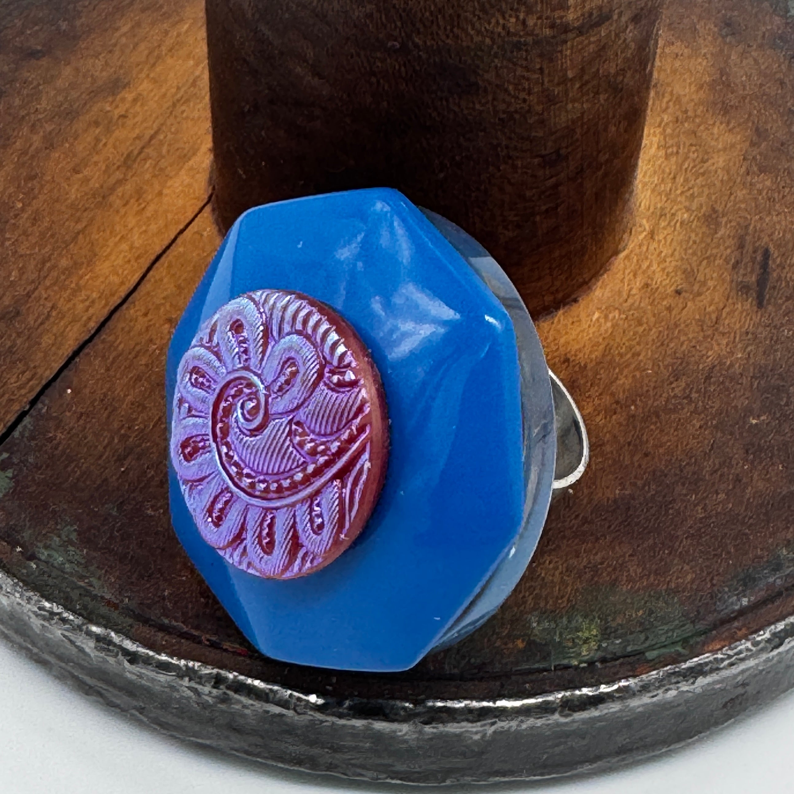 Fuchsia Vine on Blue Vintage Button Vault Cocktail Ring