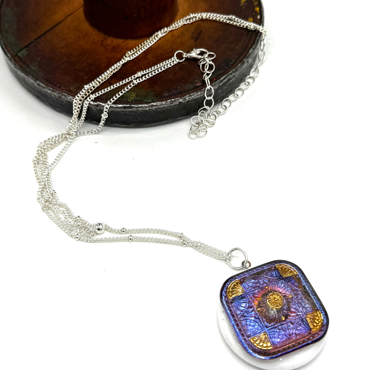 Jewel Tone Square Vintage Button Vault Necklace - 15" + 6"