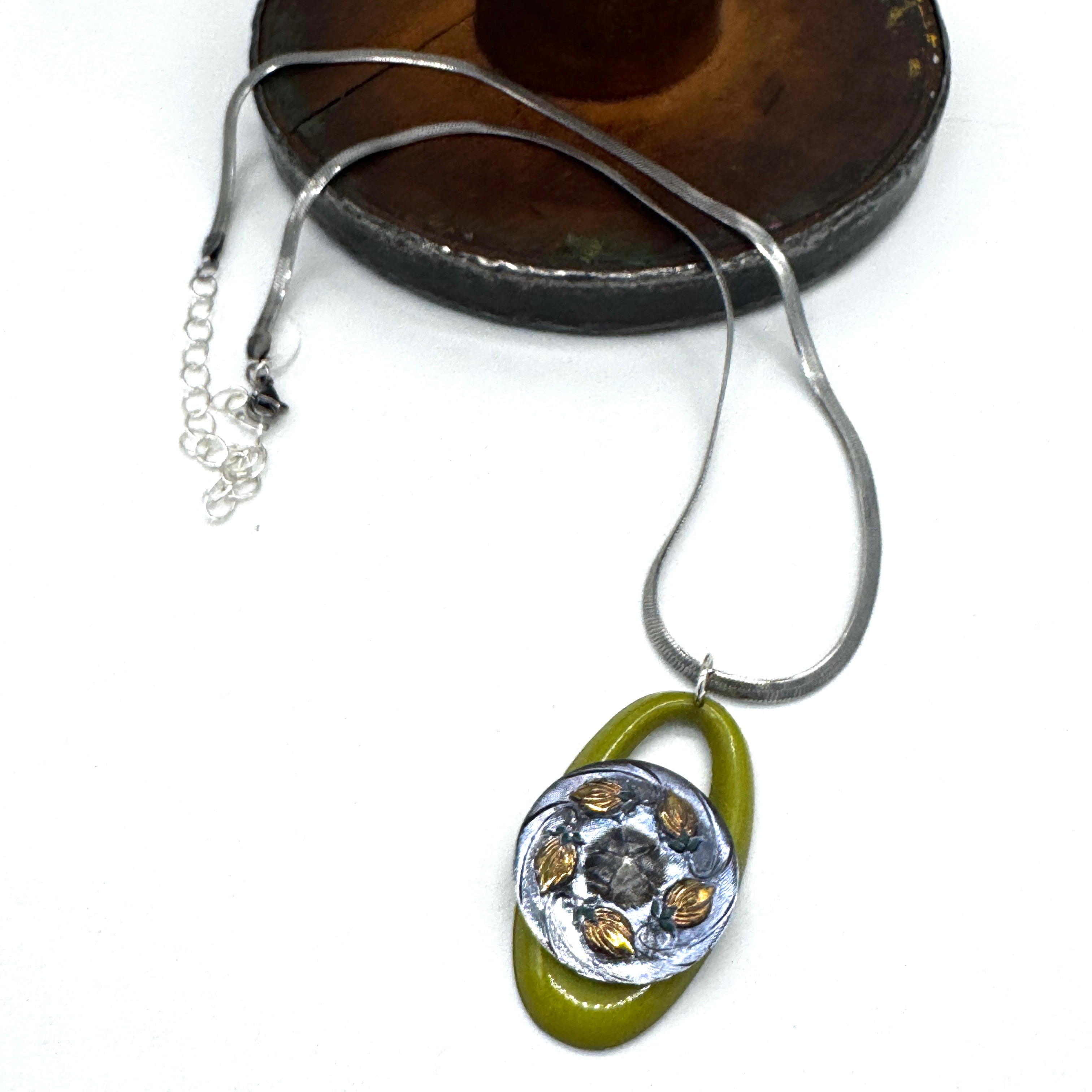 Metallic Buds on Olive Oval Vintage Button Vault Necklace - Shortie