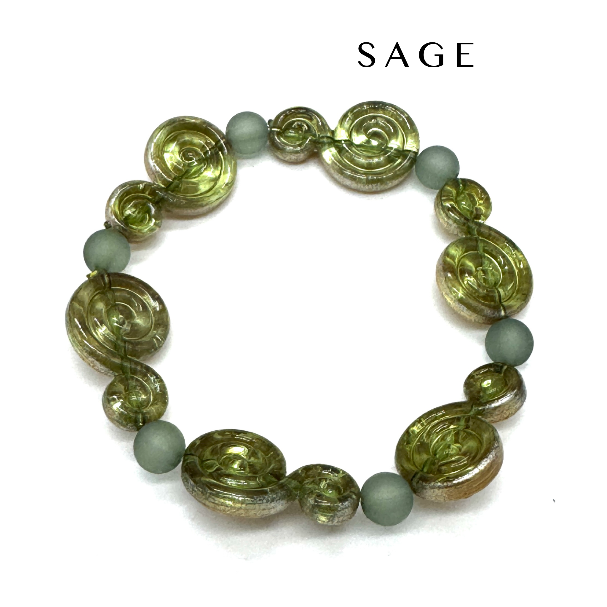 A beaded stretch bracelet featuring textured olive green spiral beads and matte sage green round beads, displayed on a clean white background with the brand name &