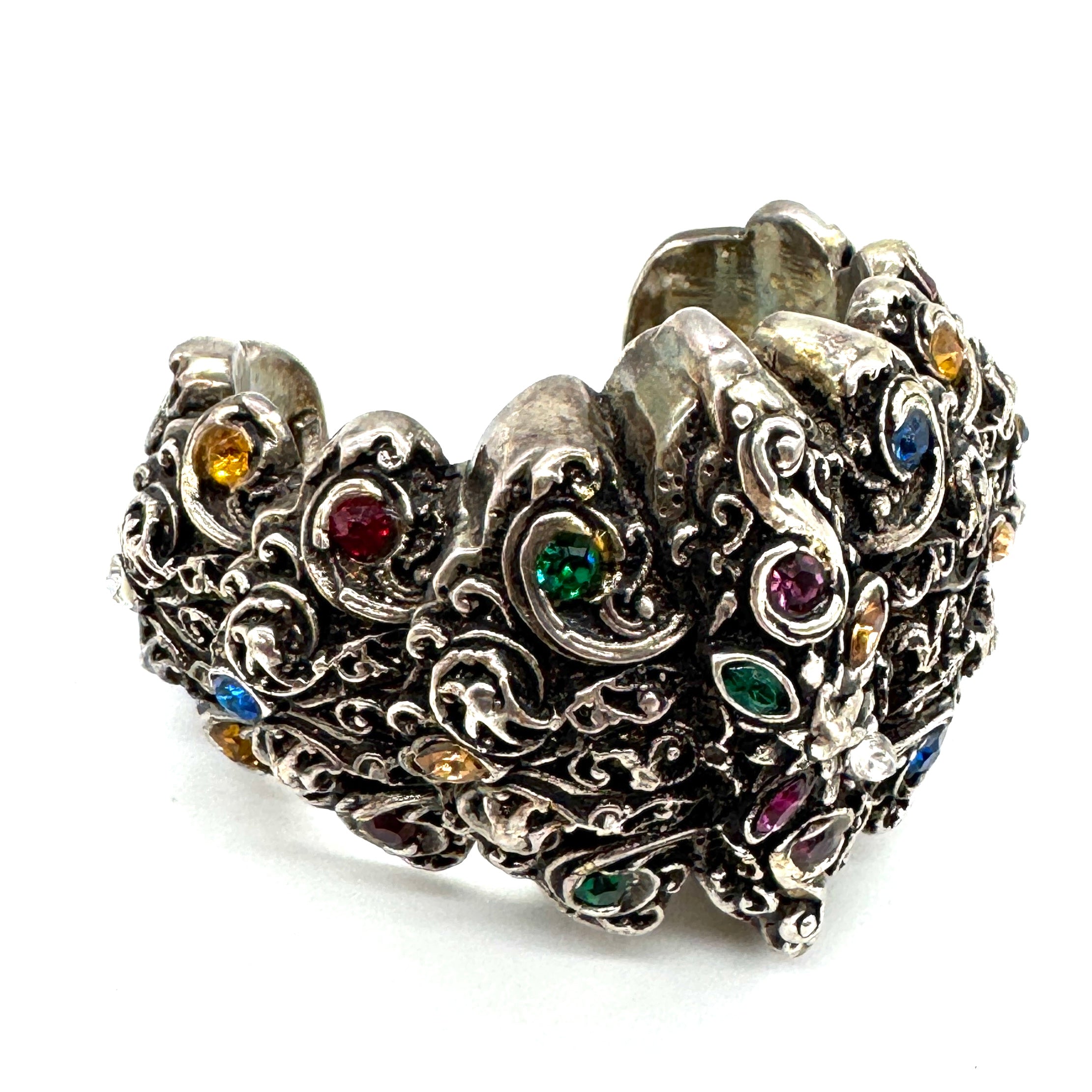 Ornate Cast Cuff Bracelet with Crystals
