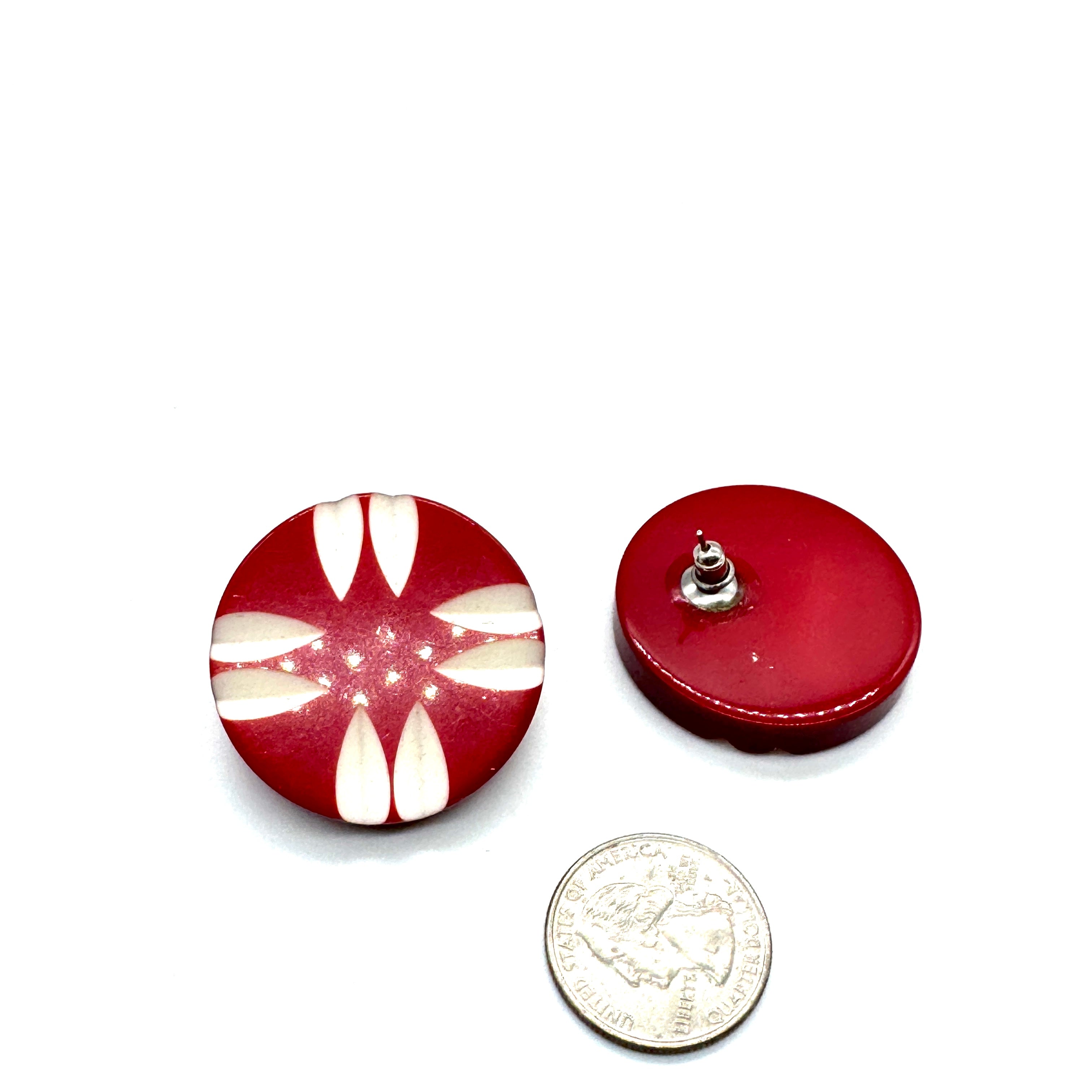 Vintage Carved Resin Red & White Earrings