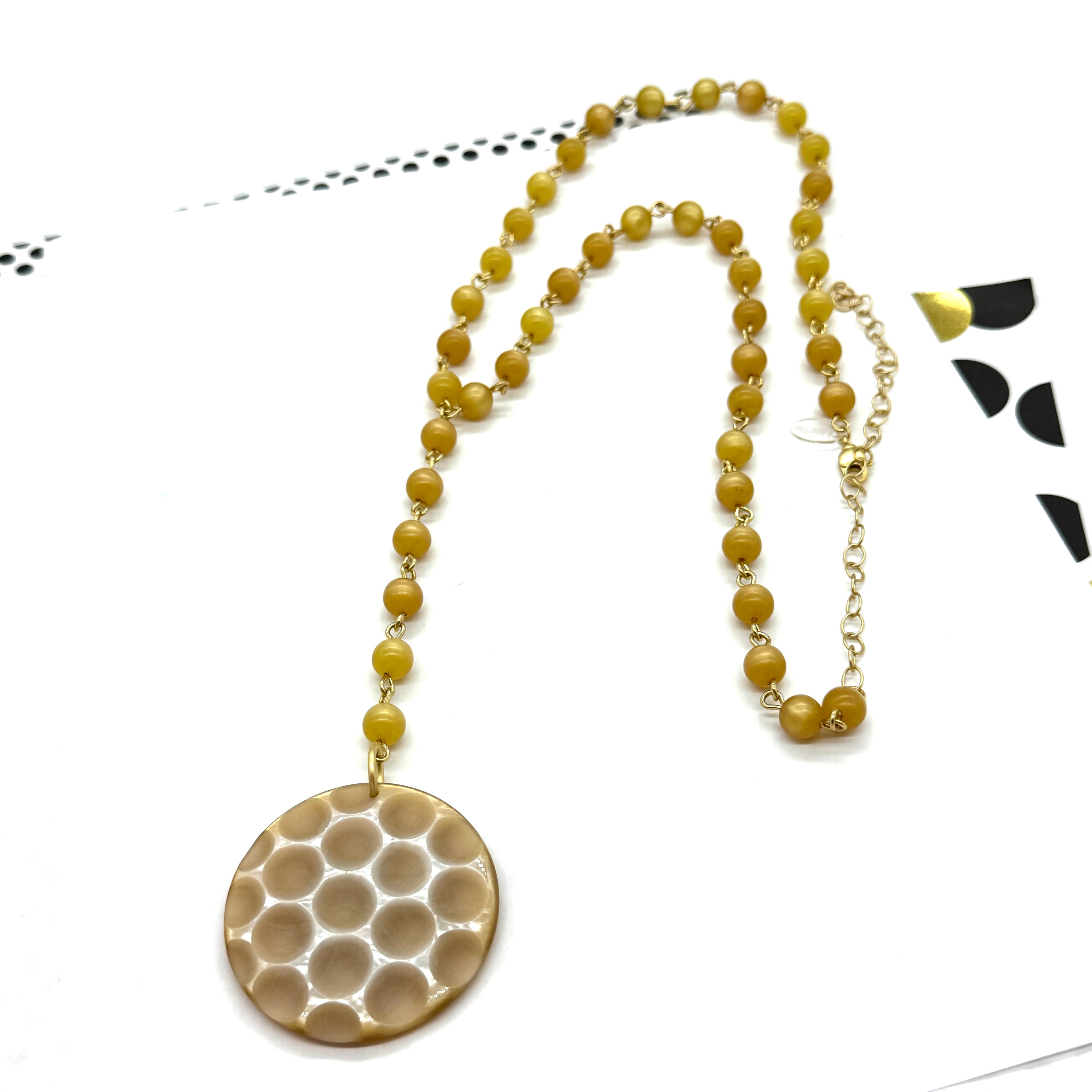 Golden Hour Y Necklace – Vintage Saffron Moonglow & Italian Carved Resin