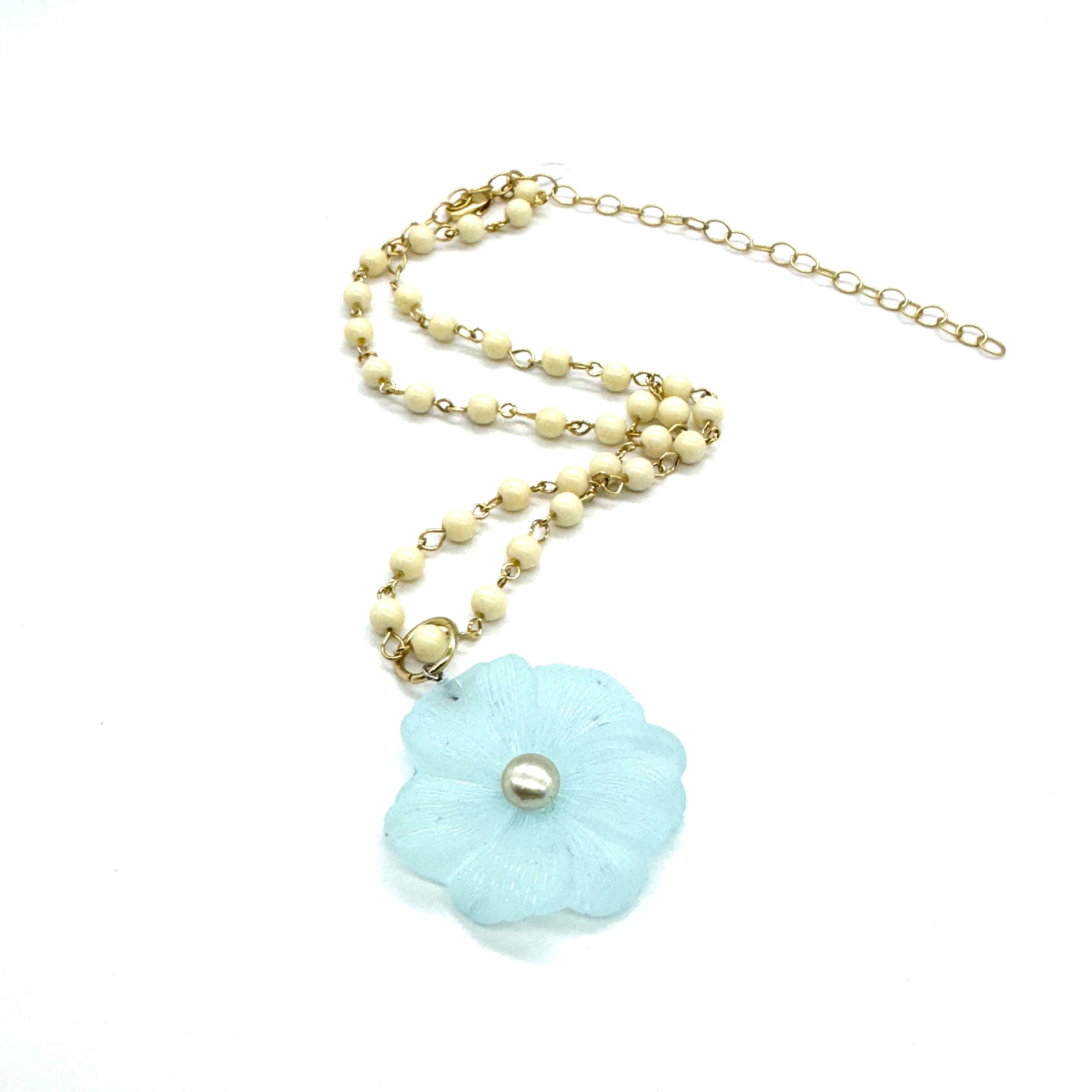 Frosted Dahlia Pendant Necklace – Vintage Lucite & Beaded Floral
