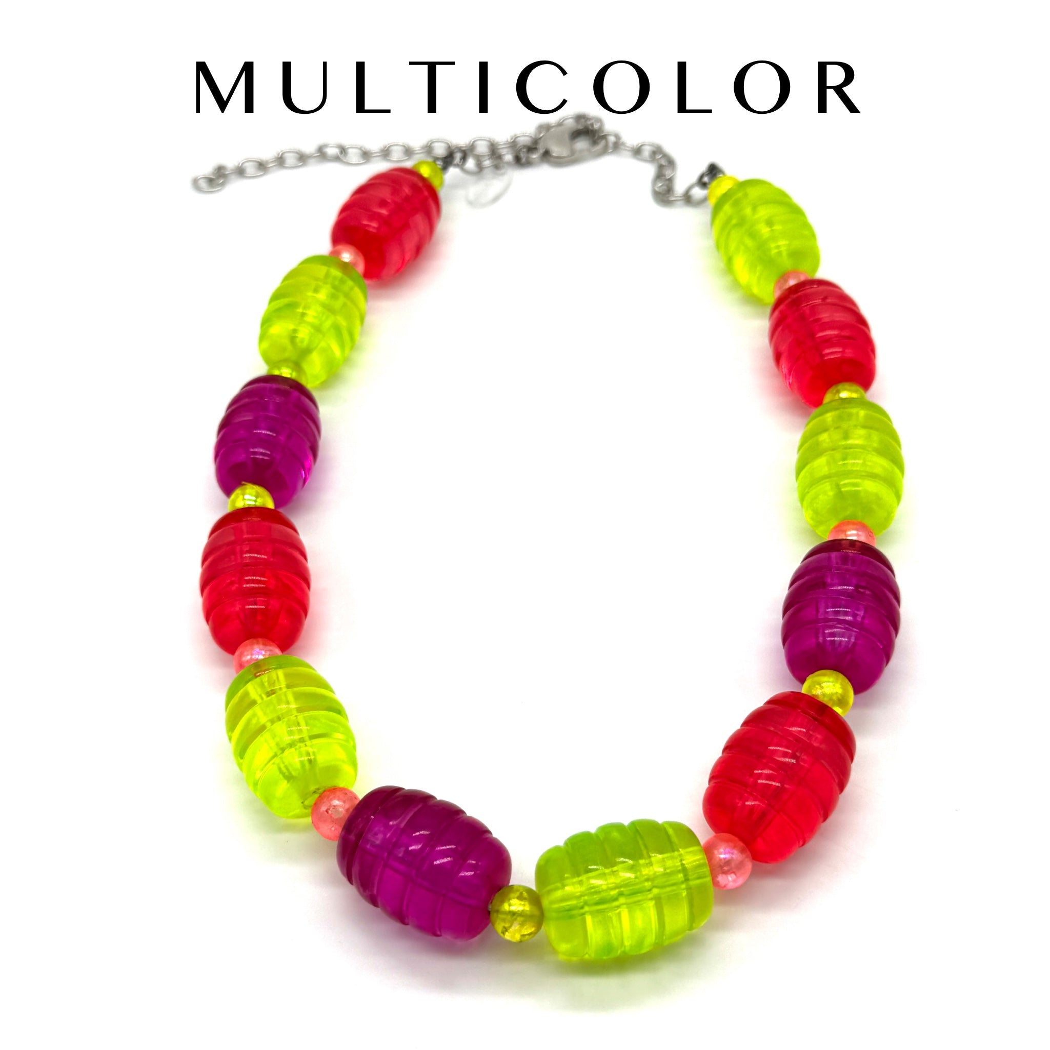 Multicolored beaded necklace on a white background with &