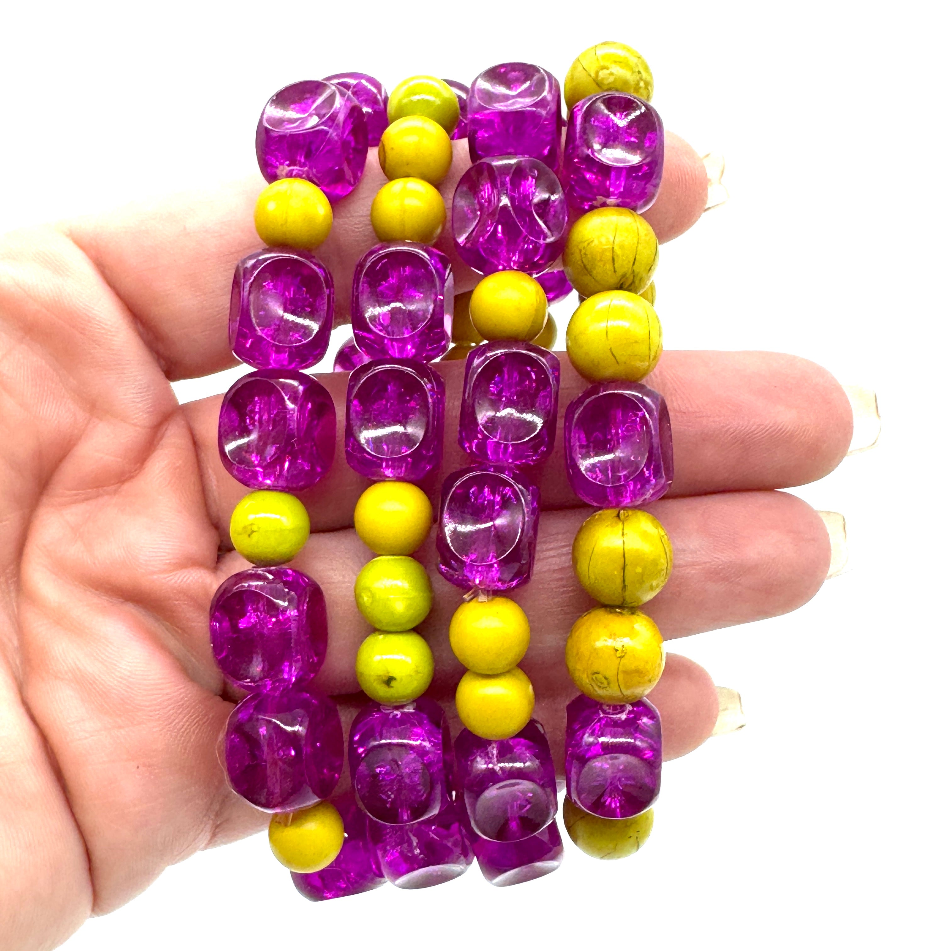 Violet Vivian & Chartreuse Crackle Stack & Stretch Bracelets Set
