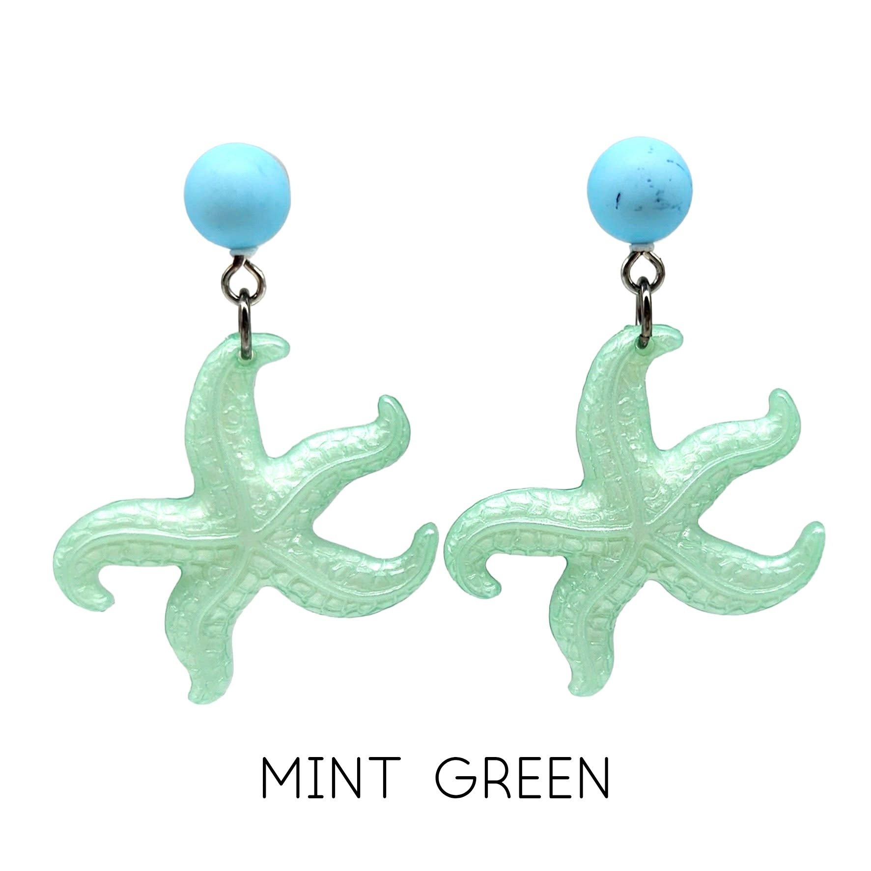 Mint green starfish earrings with turquoise beads on a white background