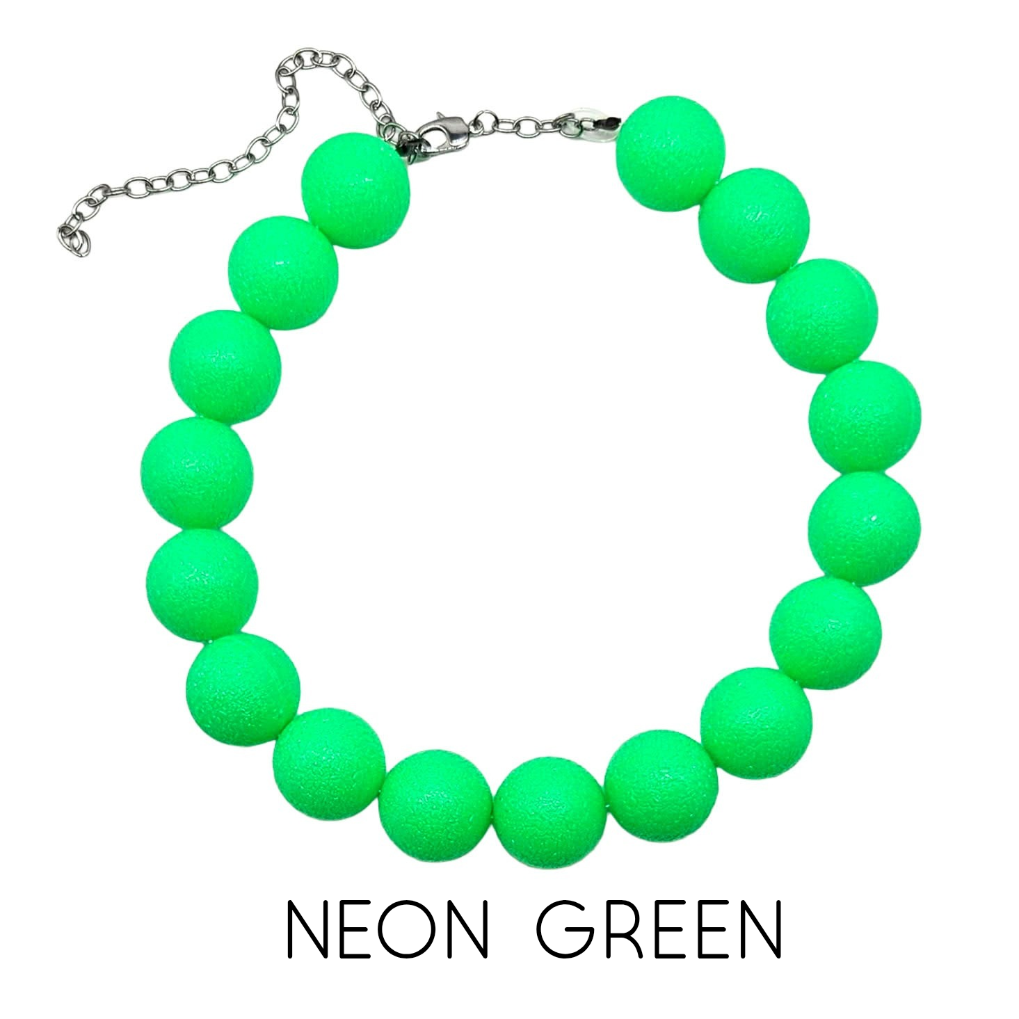 Neon green beaded bracelet on a white background with &