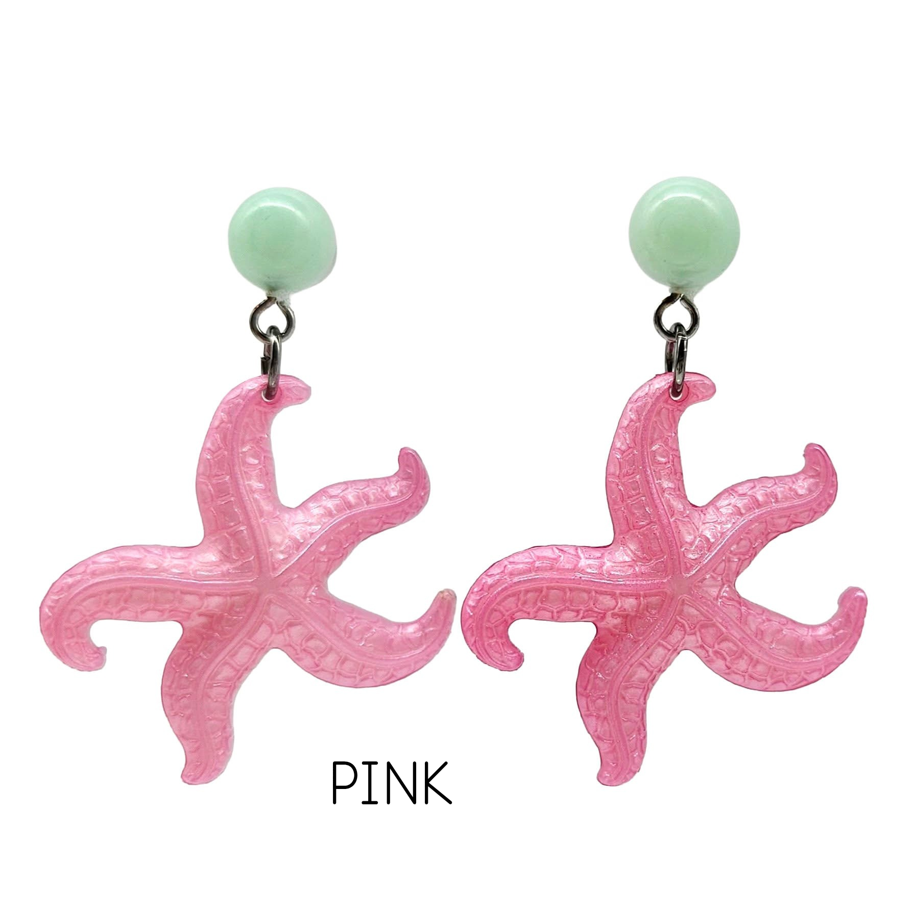 Pink starfish earrings with green beads on a white background