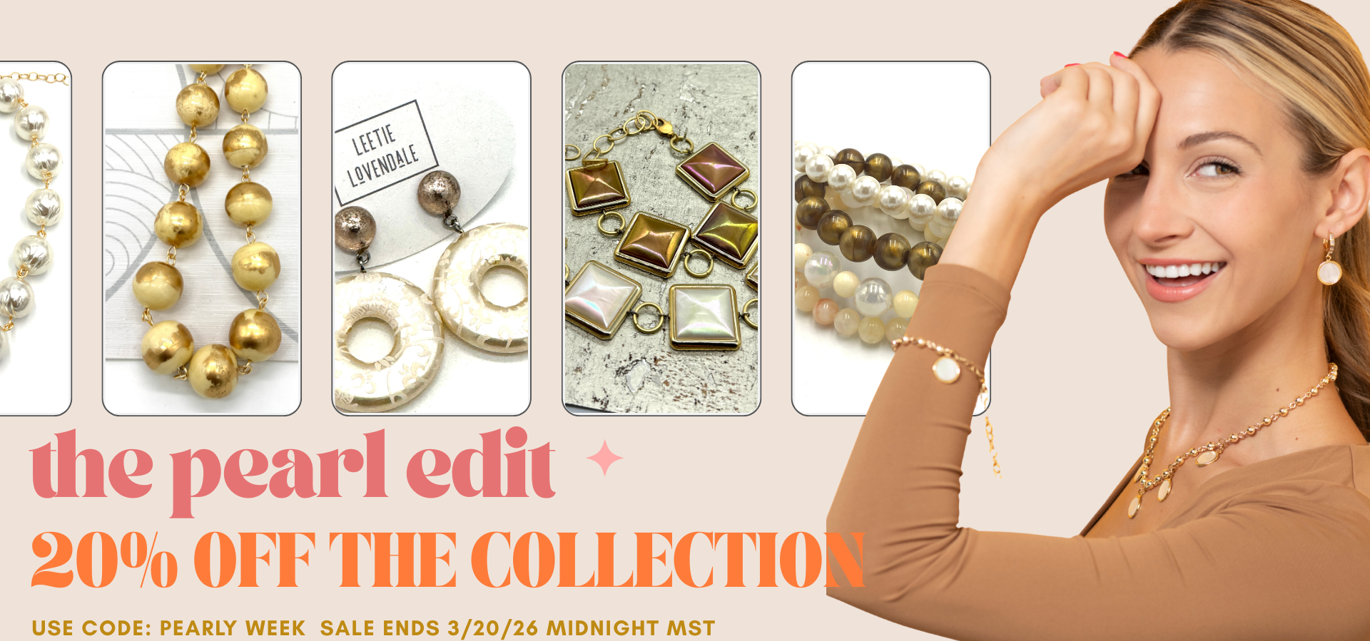 Promotional banner for 'The Pearl Edit' jewelry collection with a woman wearing jewelry and text offering a discount.
