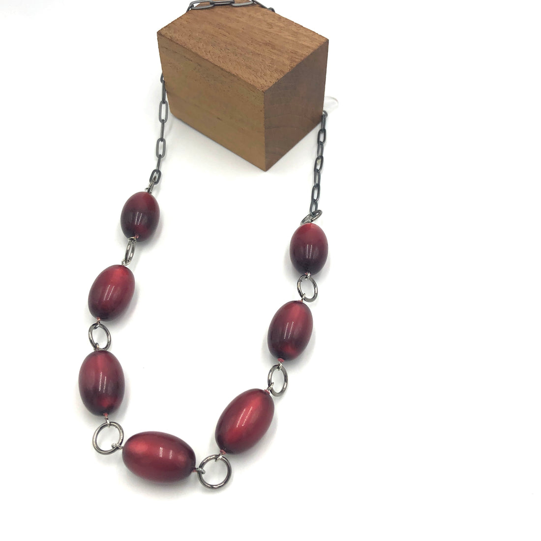 Garnet Red Moonglow Bulb Oval Stations Necklace