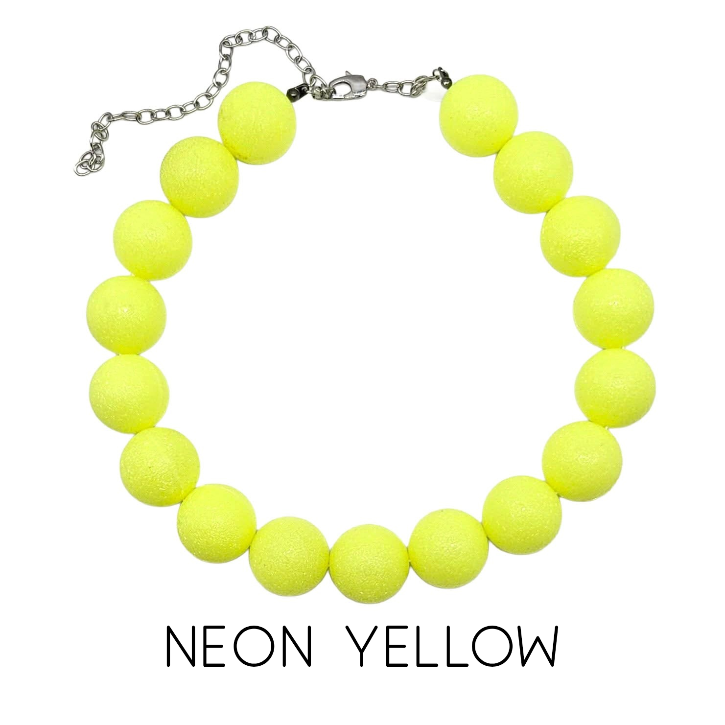 Neon yellow bead necklace on a white background