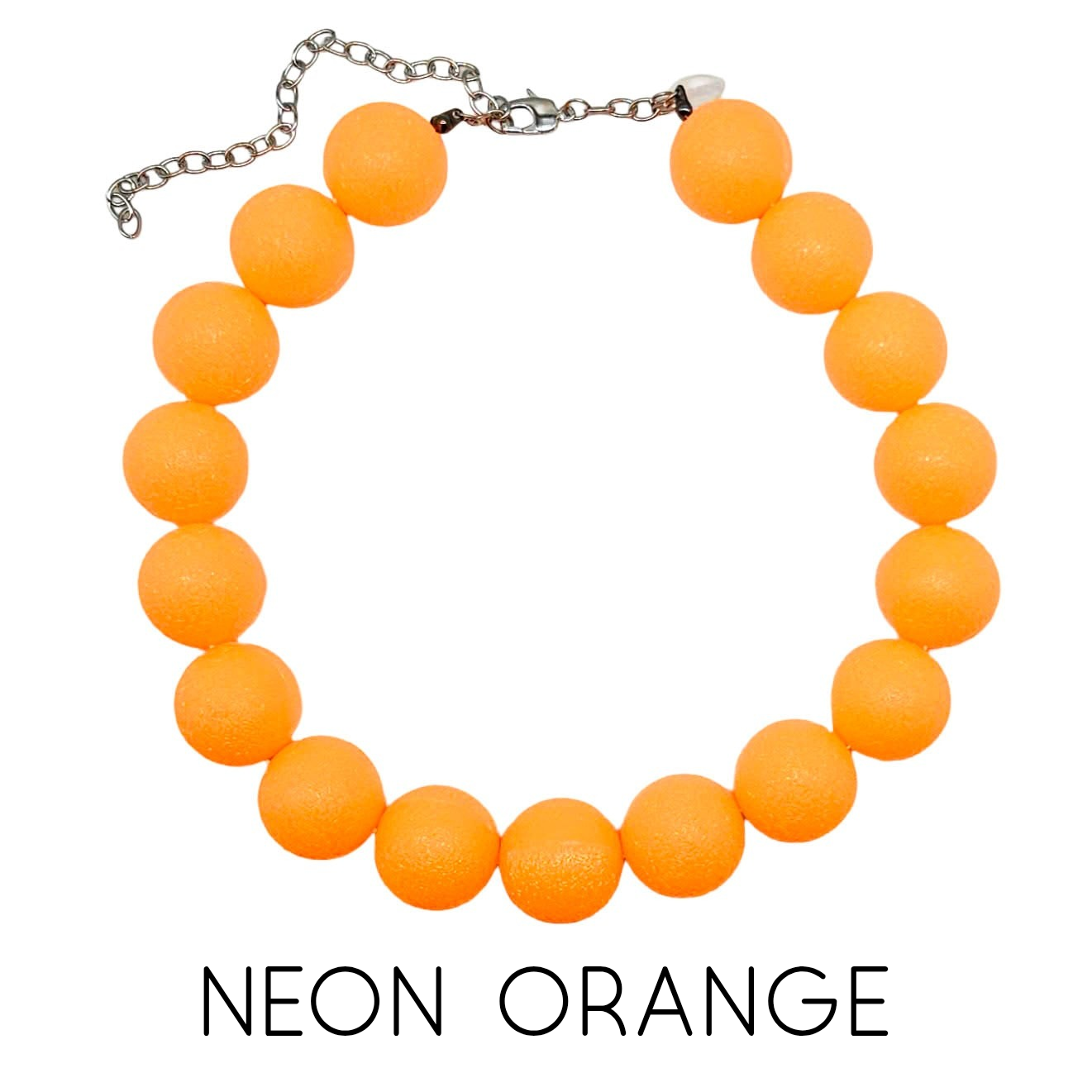 Neon orange beaded necklace on a white background with &