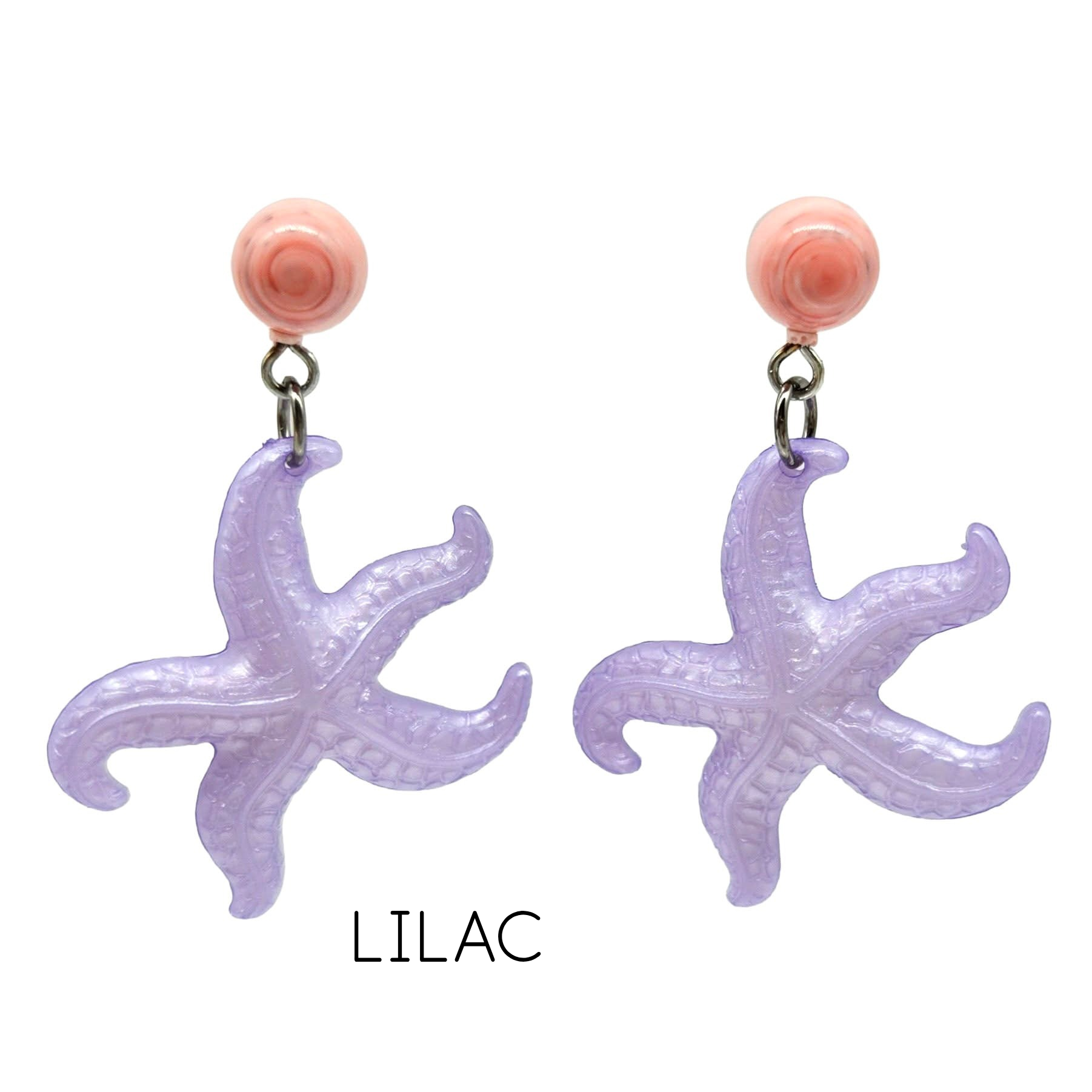 Pair of purple starfish-shaped earrings with pink tops on a white background