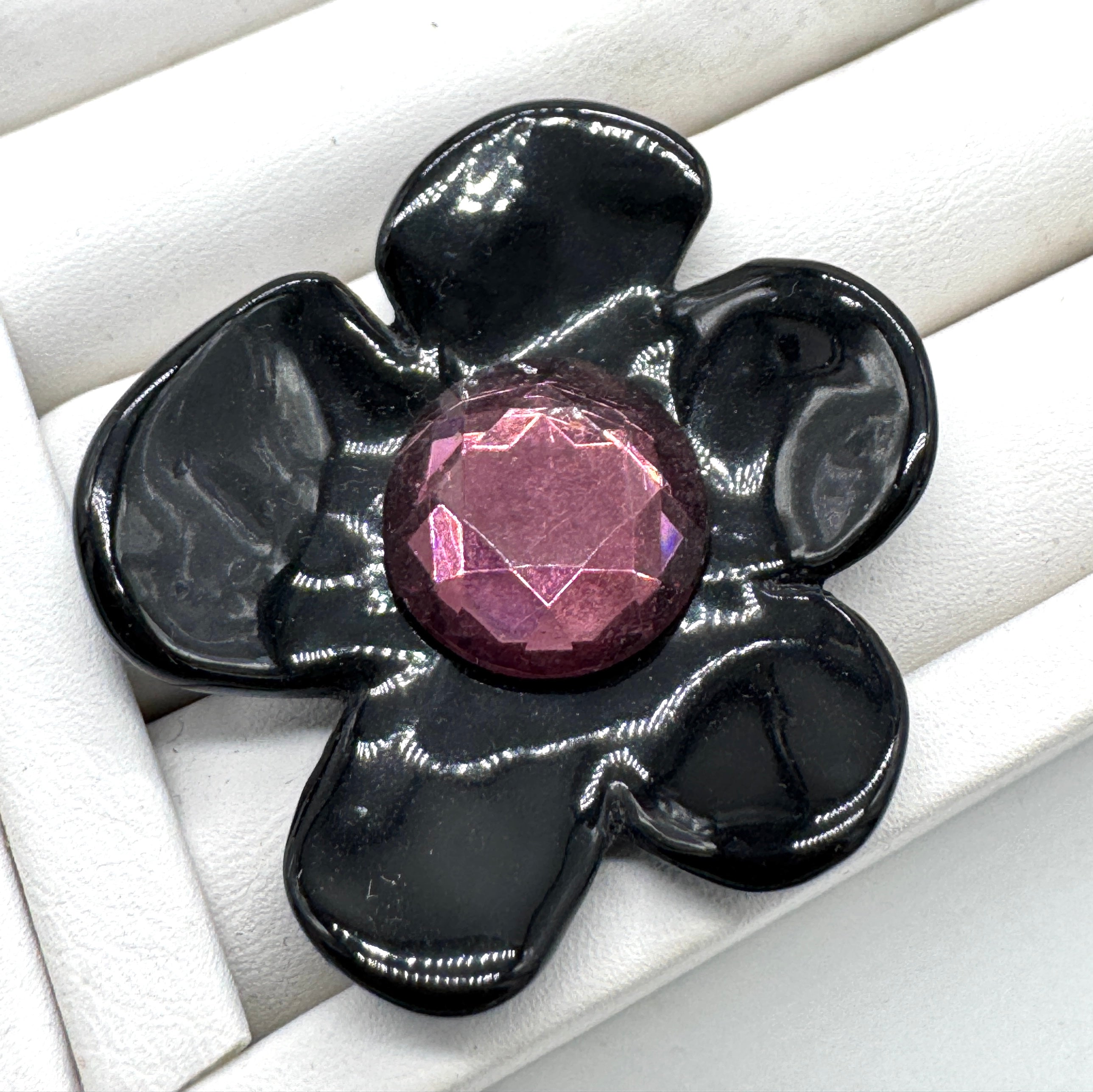 Black Coco Flower Cocktail Ring — Amethyst Faceted Foil Glass Center