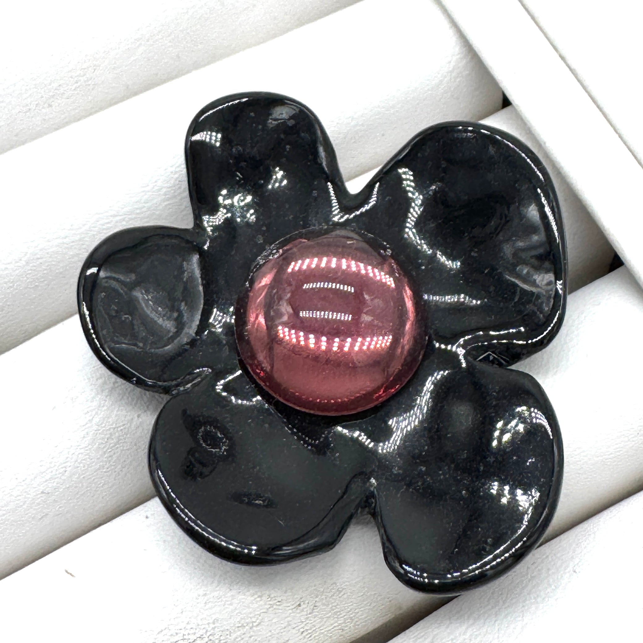 Black Coco Flower Cocktail Ring — Amethyst Foil Glass Center