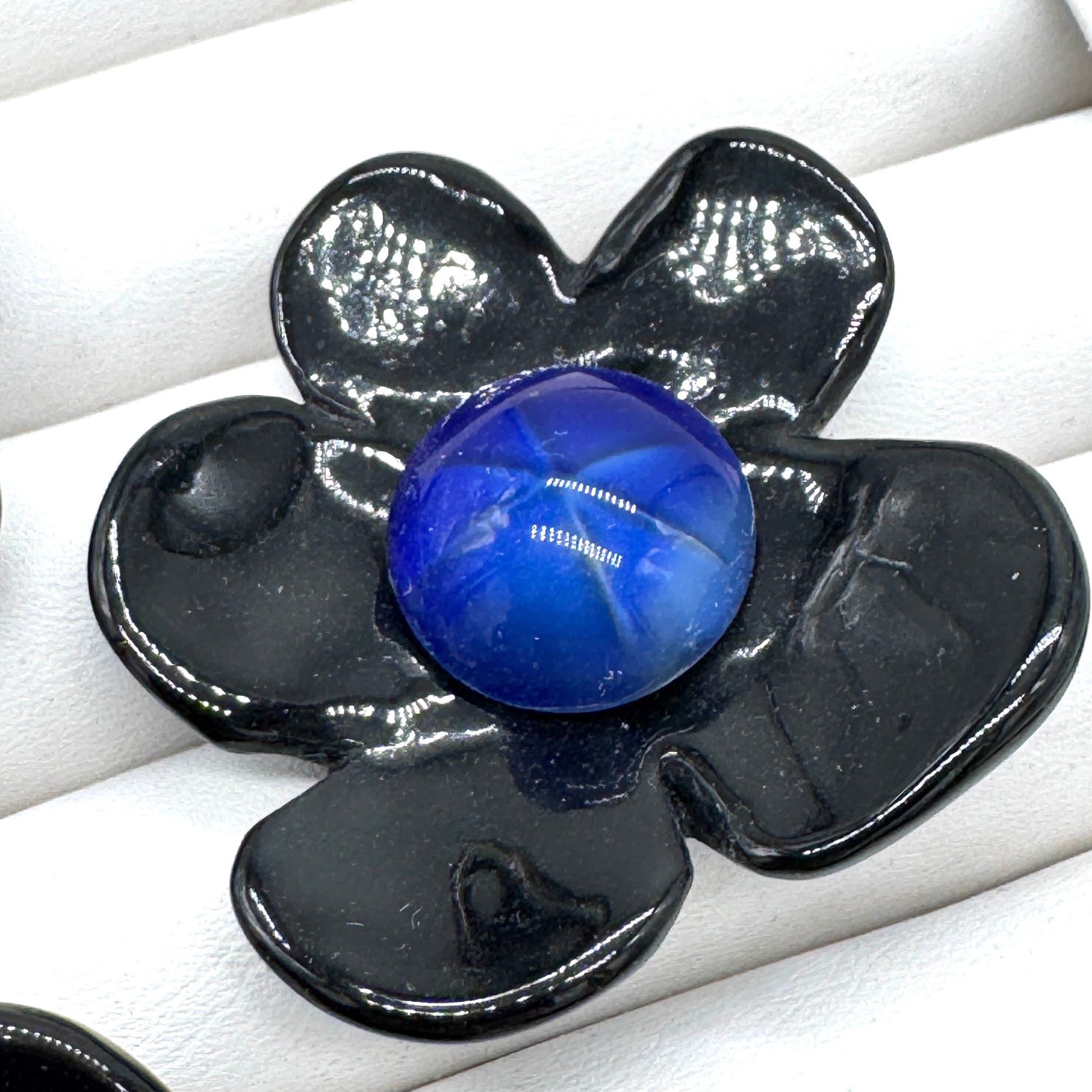 Black Coco Flower Cocktail Ring — Blue Cats Eye Center