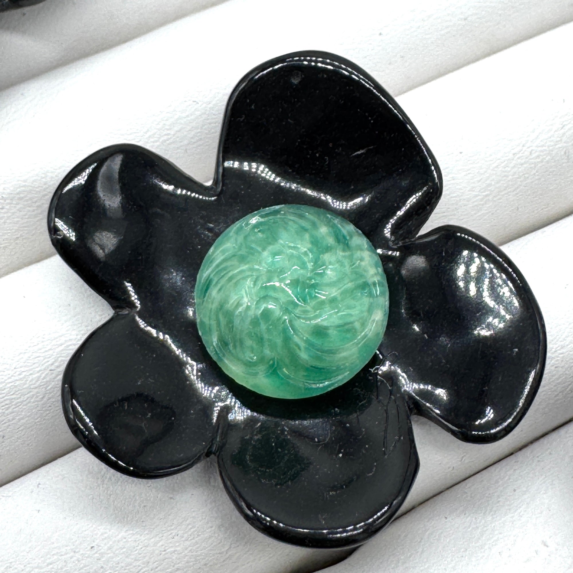 Black Coco Flower Cocktail Ring — Carved Jade Green Mosaic Center