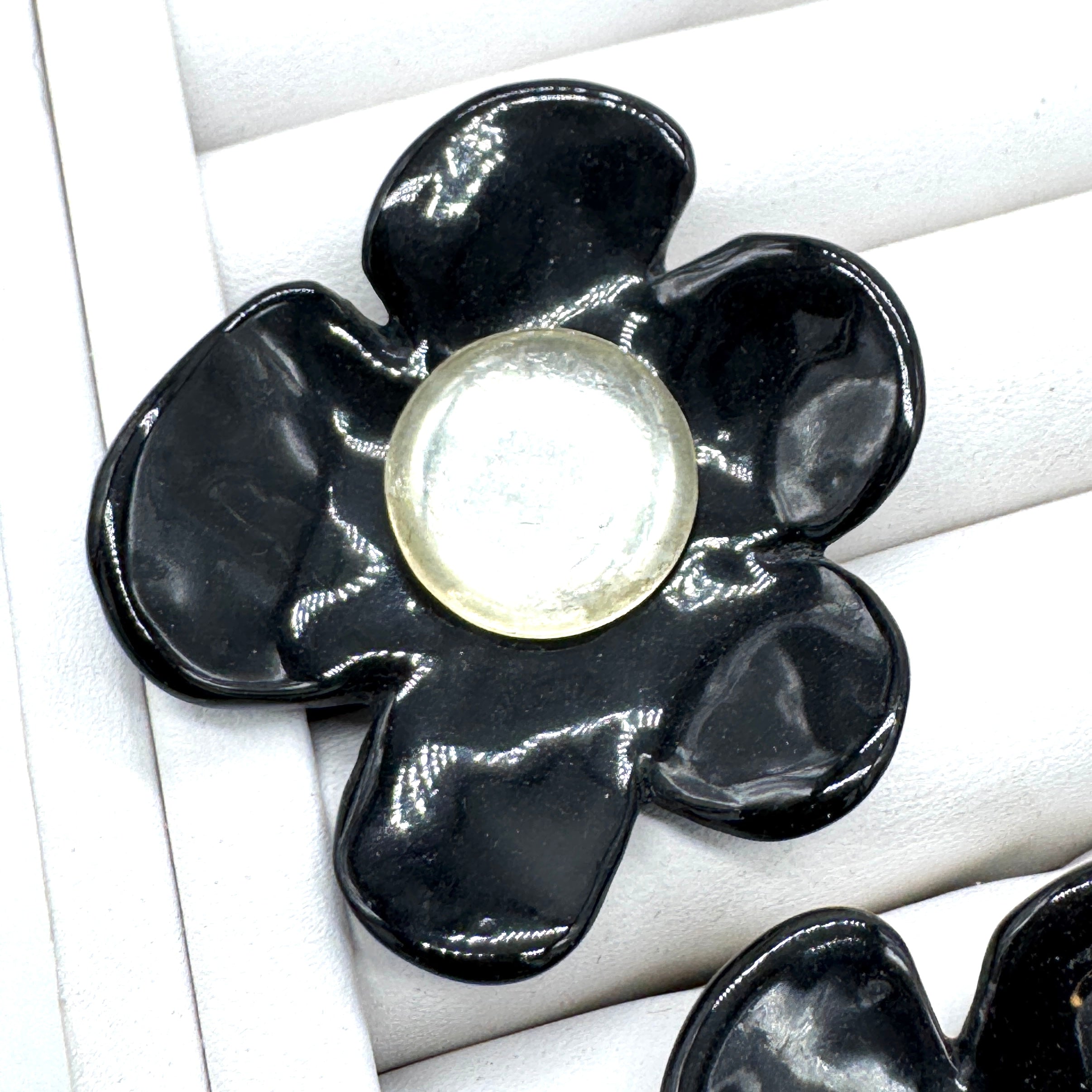 Black Coco Flower Cocktail Ring — Clear Foil Center