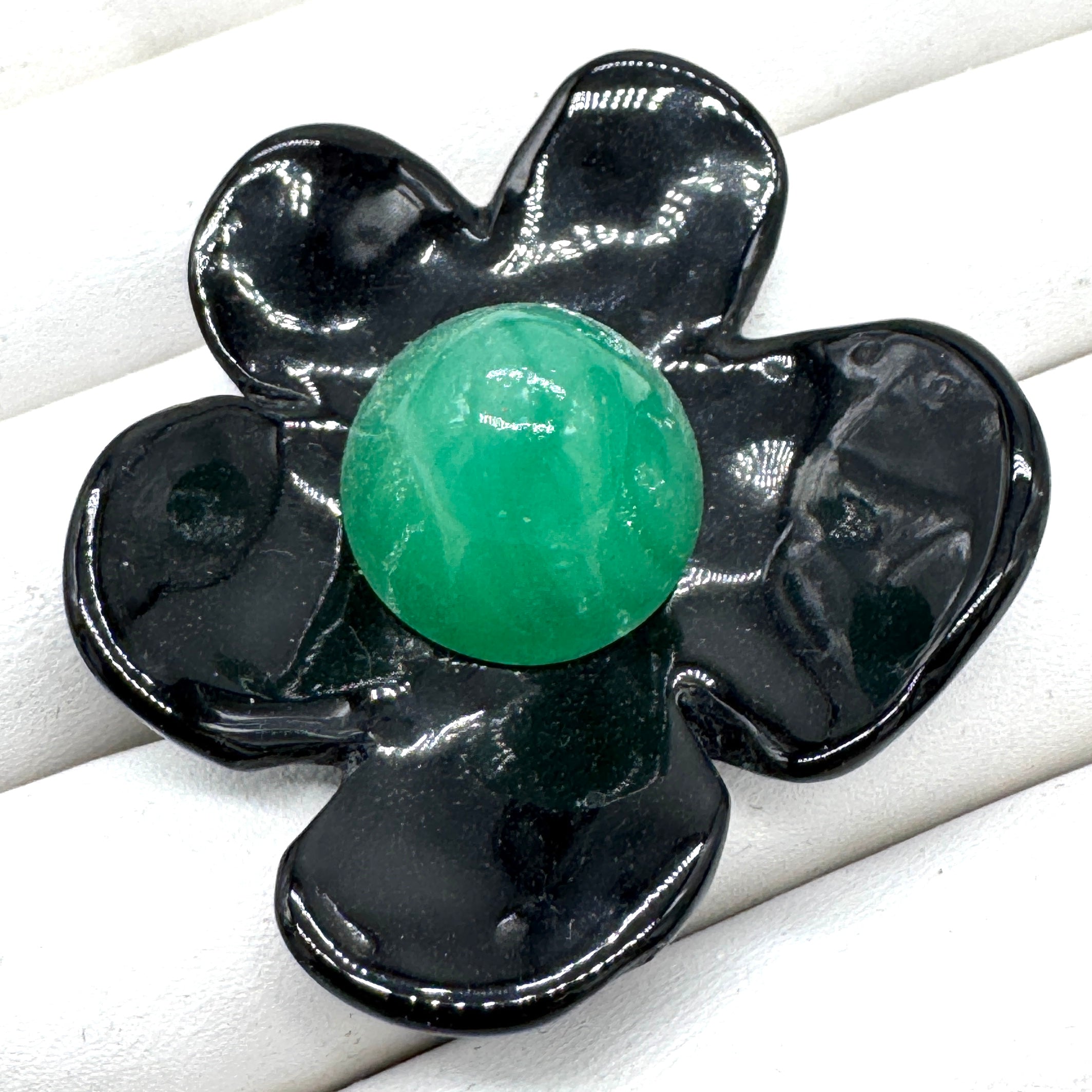 Black Coco Flower Cocktail Ring — Marbled Green Center