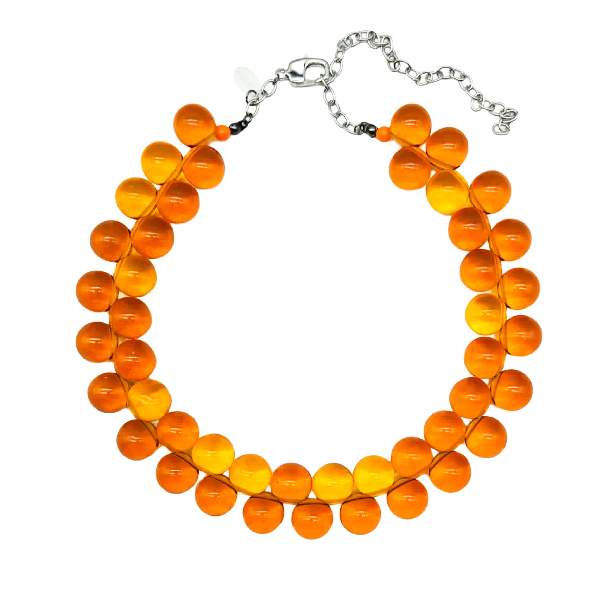 Orange cluster beaded necklace on a white background.